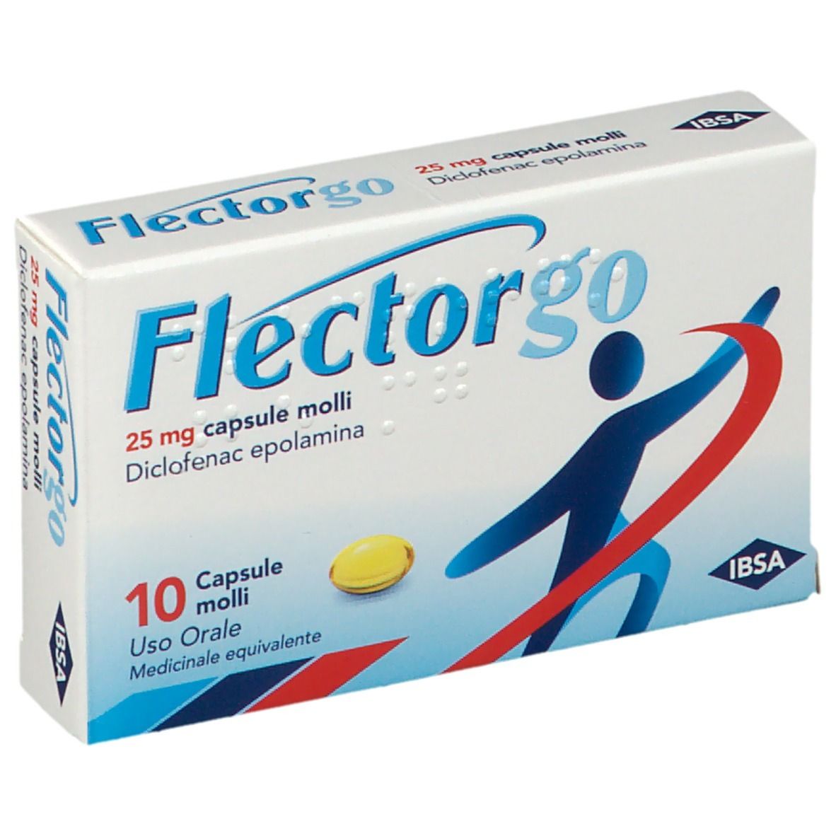 Scatola di Flectorgo 25 mg capsule molli. Scritta blu, capsula gialla. Logo IBSA.