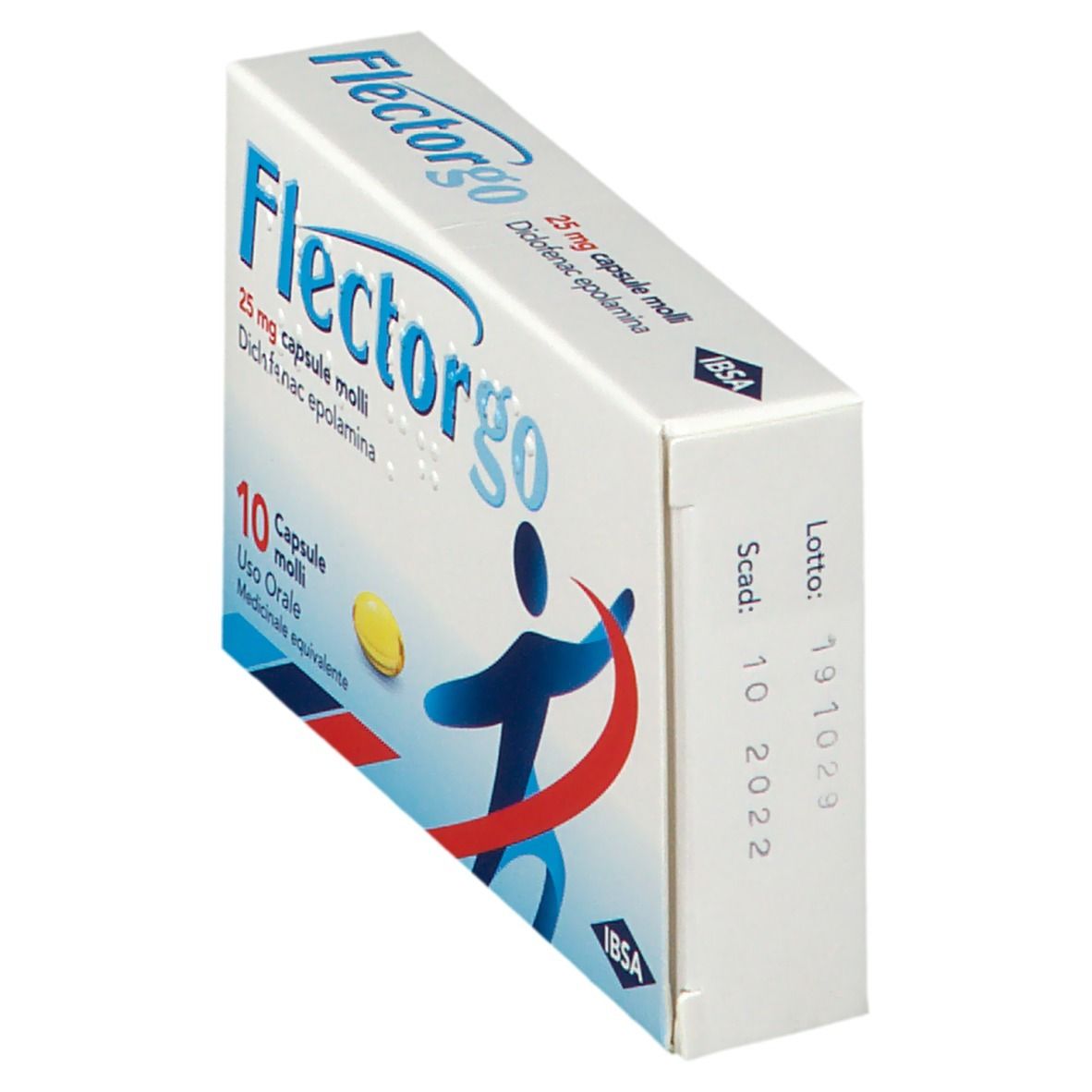 Scatola Flectorgo 25 mg, in diagonale. Scritta blu, capsula gialla. Logo IBSA. Scadenza.