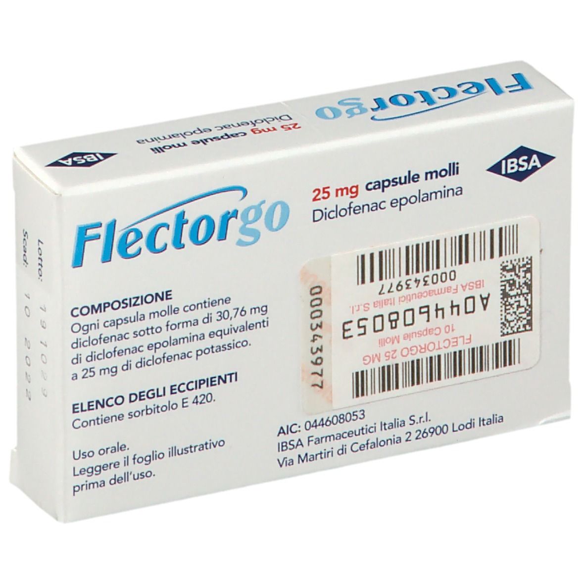 Scatola Flectorgo 25 mg, fronte. Scritta blu, capsula gialla. Logo IBSA. Informazioni prodotto.