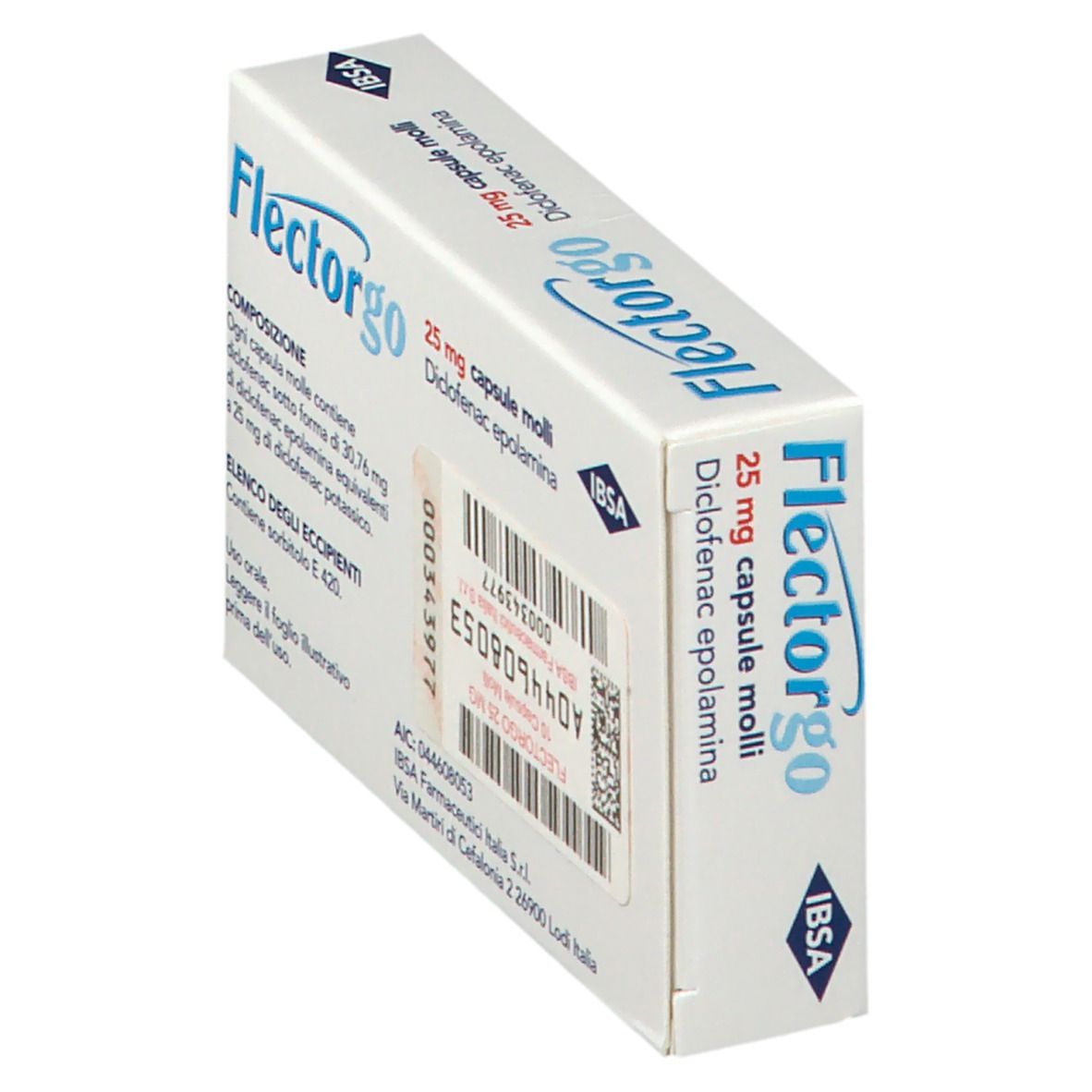 Scatola Flectorgo 25 mg, diagonale. Scritta blu, capsula gialla. Logo IBSA. Informazioni prodotto.