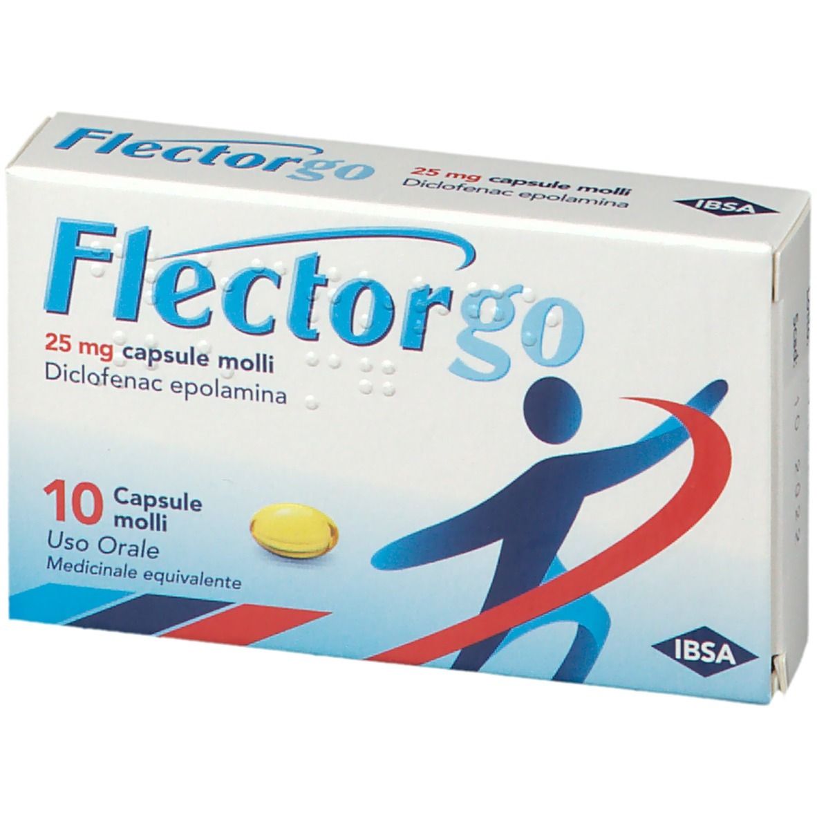 Scatola di Flectorgo 25 mg capsule molli. Scritta blu, capsula gialla. Logo IBSA.