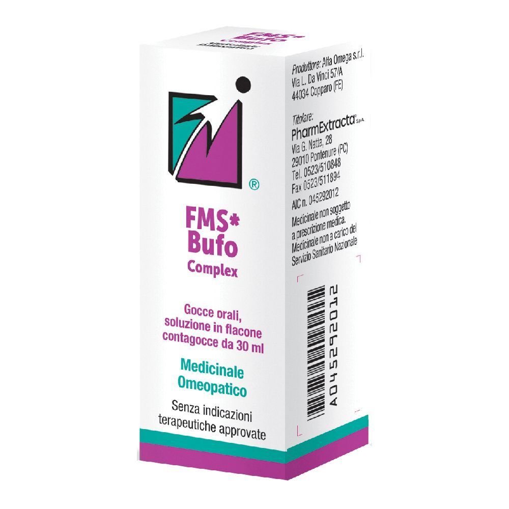 Scatola di FMS*Bufo Complex. Scritte: logo, nome del prodotto, gocce, medicinale omeopatico. Codice a barre.