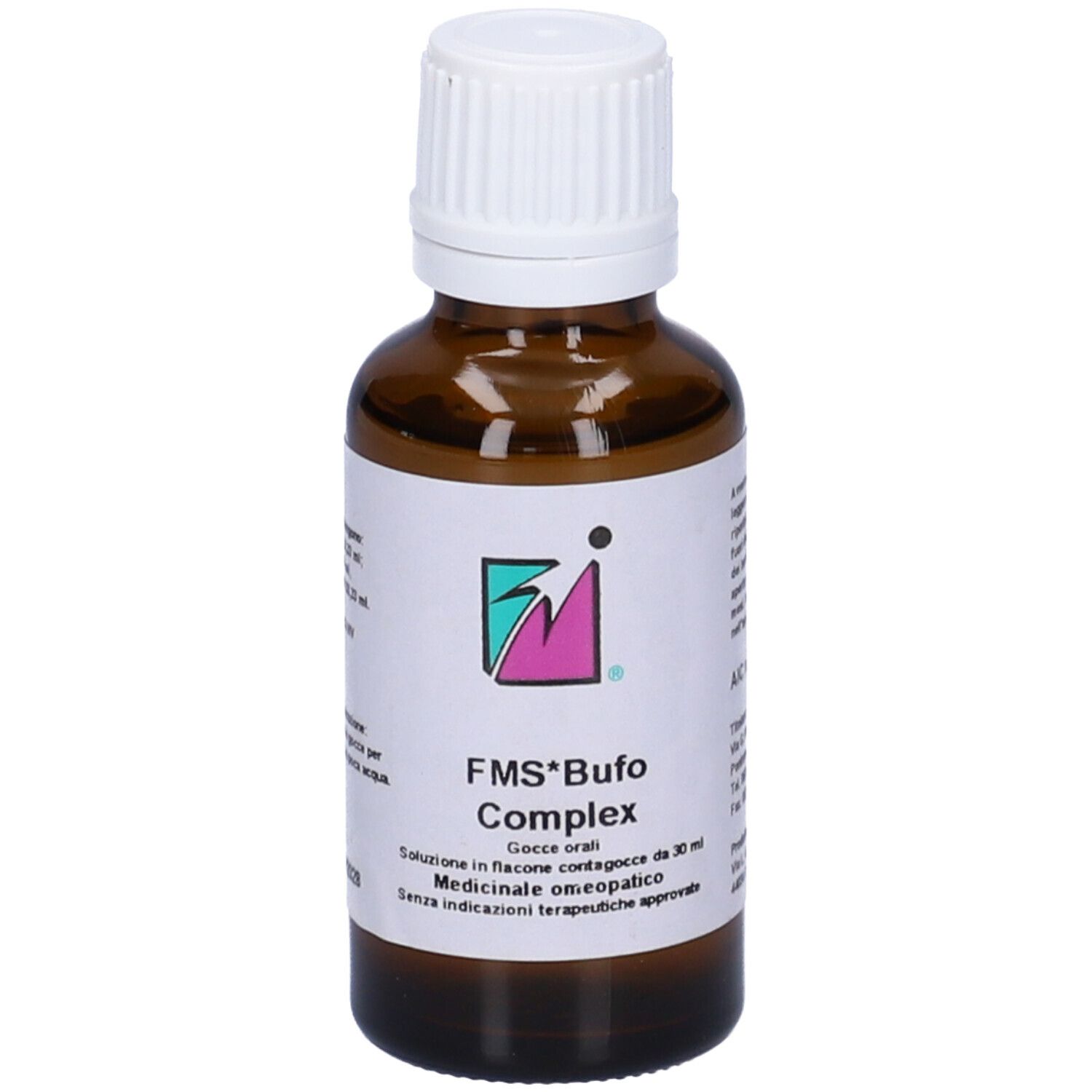 Flacone di vetro marrone con tappo a vite bianco. Etichetta con nome prodotto FMS*Bufo Complex, gocce, omeopatico.