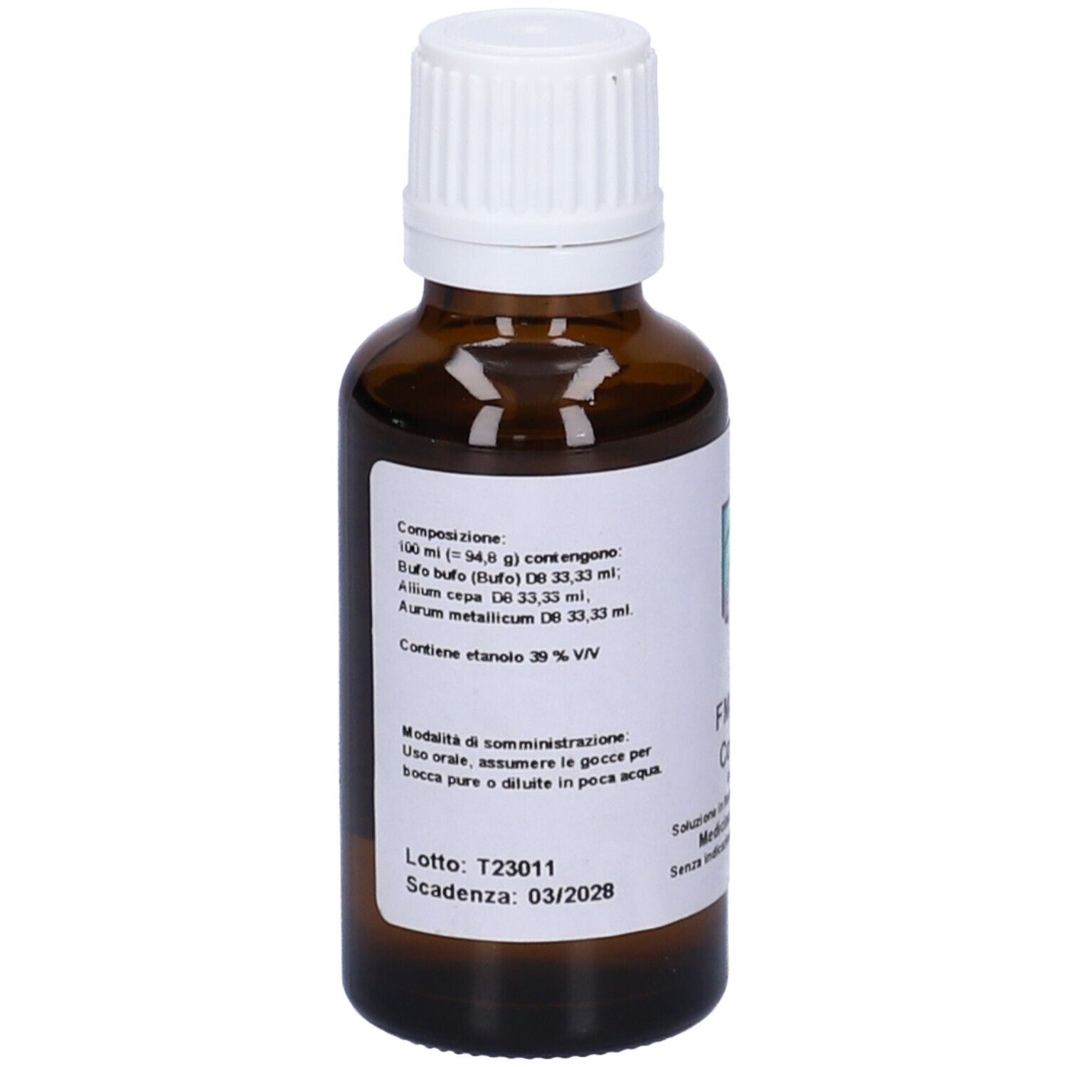Flacone di vetro marrone con tappo bianco. Etichetta con ingredienti, dosaggio, informazioni produttore e scadenza.