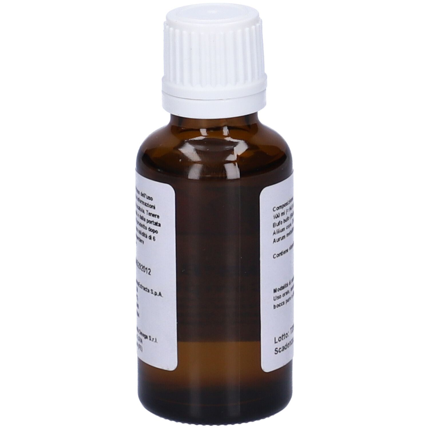 Flacone di vetro marrone con tappo bianco. Etichetta con ingredienti, dosaggio, informazioni produttore e scadenza.