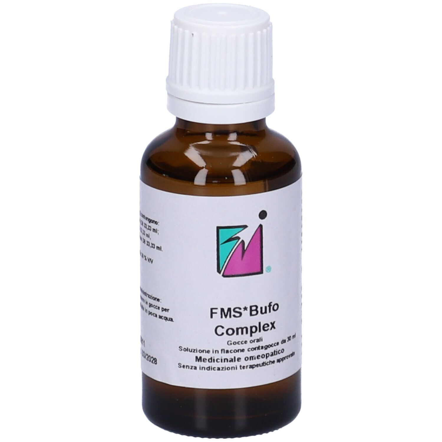 Flacone di vetro marrone con tappo bianco. Etichetta con nome prodotto FMS*Bufo Complex, gocce, omeopatico.