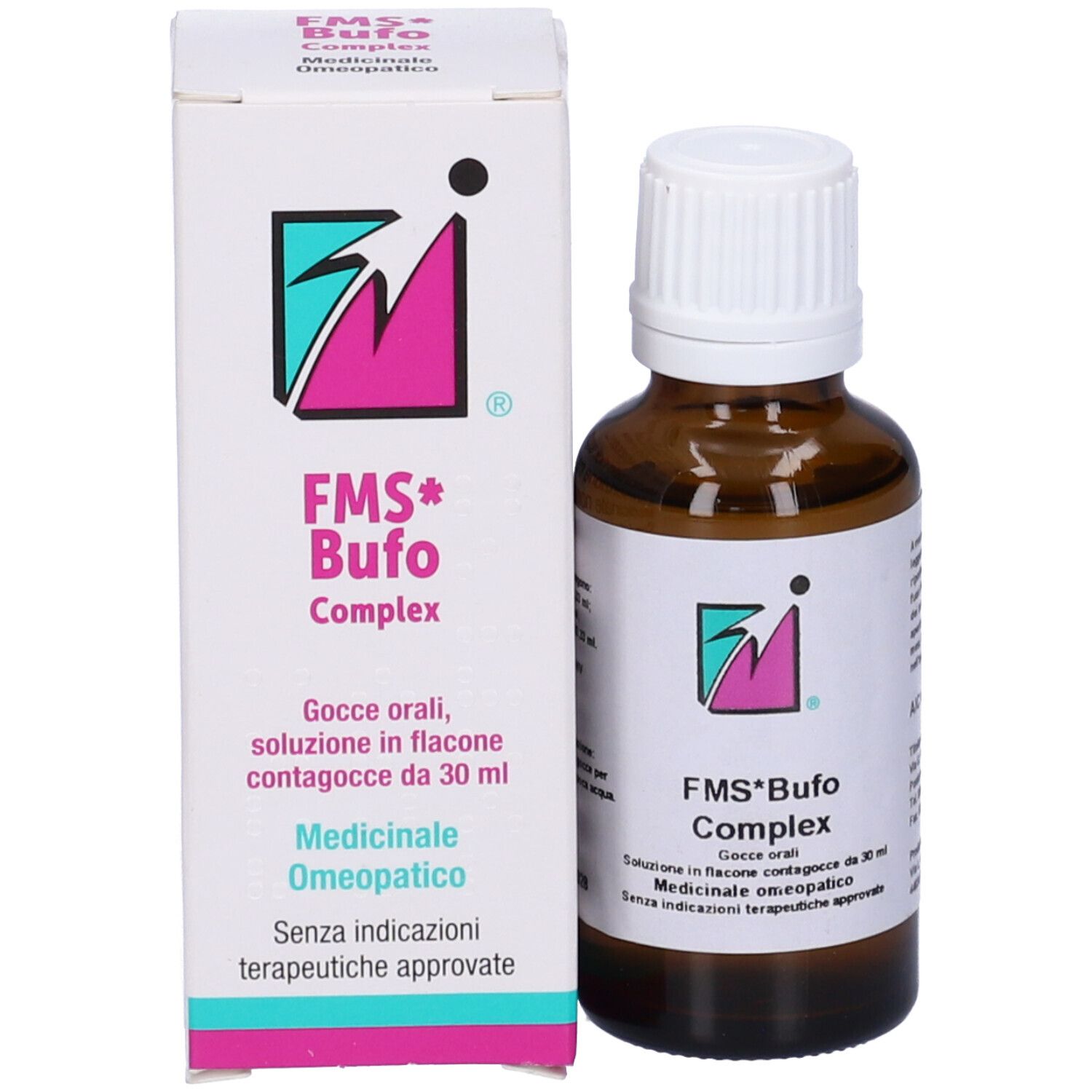 Flacone di vetro marrone con tappo bianco. Etichetta con nome prodotto FMS*Bufo Complex, gocce, omeopatico.