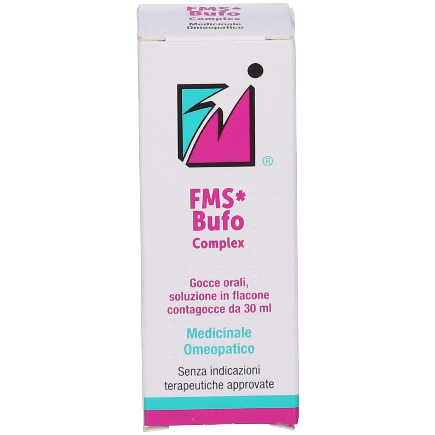 Confezione e flacone. Scatola di FMS*Bufo Complex. Flacone di vetro marrone con tappo bianco.