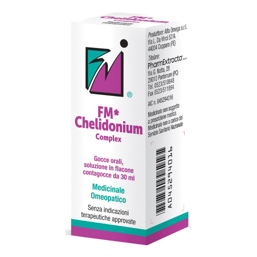 Scatola bianca con FM* Chelidonium Complex. Logo, nome prodotto e testo in italiano. Flacone da 30 ml.