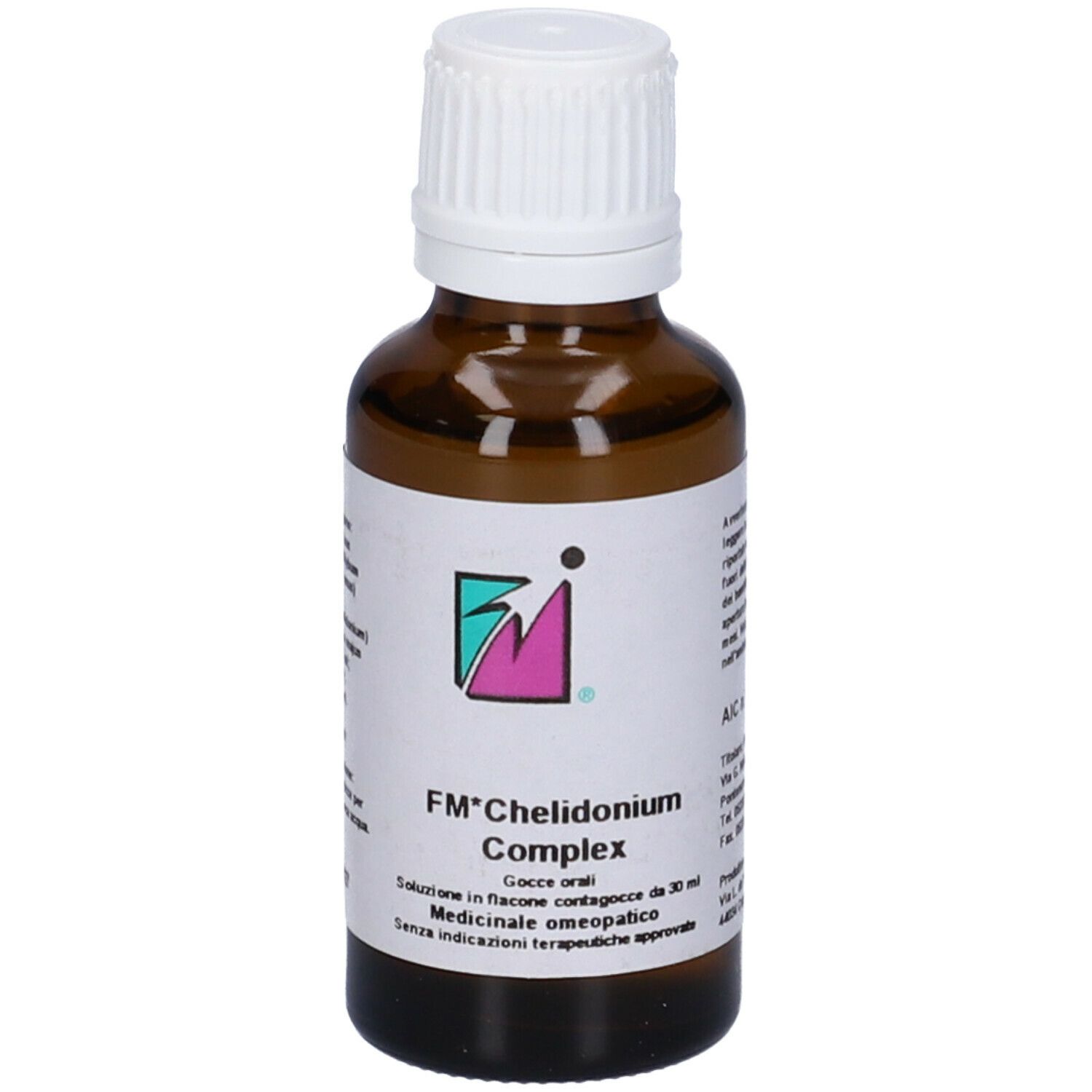 Flacone di vetro marrone con tappo bianco. Etichetta con FM* Chelidonium Complex. Contagocce, 30 ml.