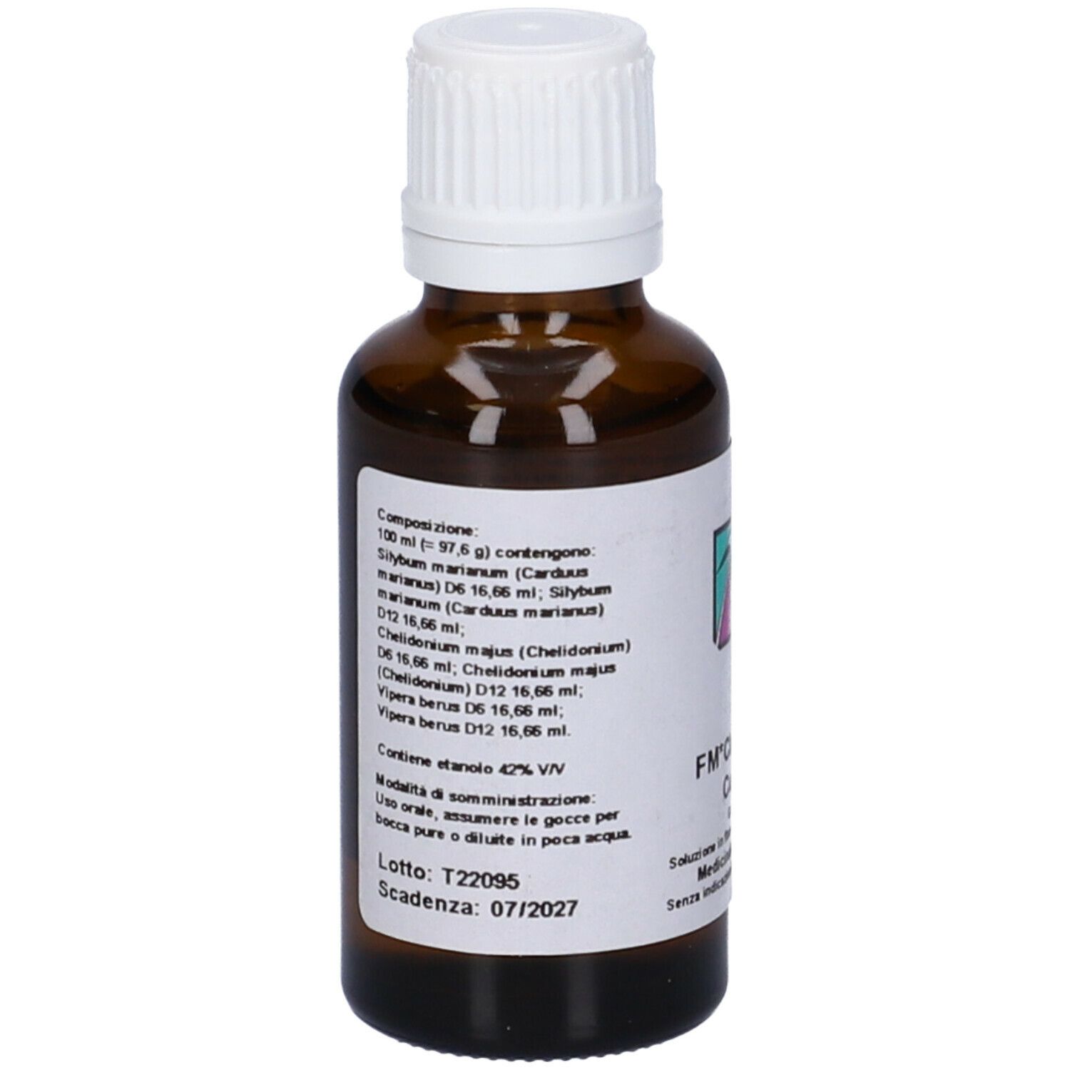 Flacone di vetro marrone con tappo bianco. Etichetta con ingredienti e FM* Chelidonium Complex. 30 ml.