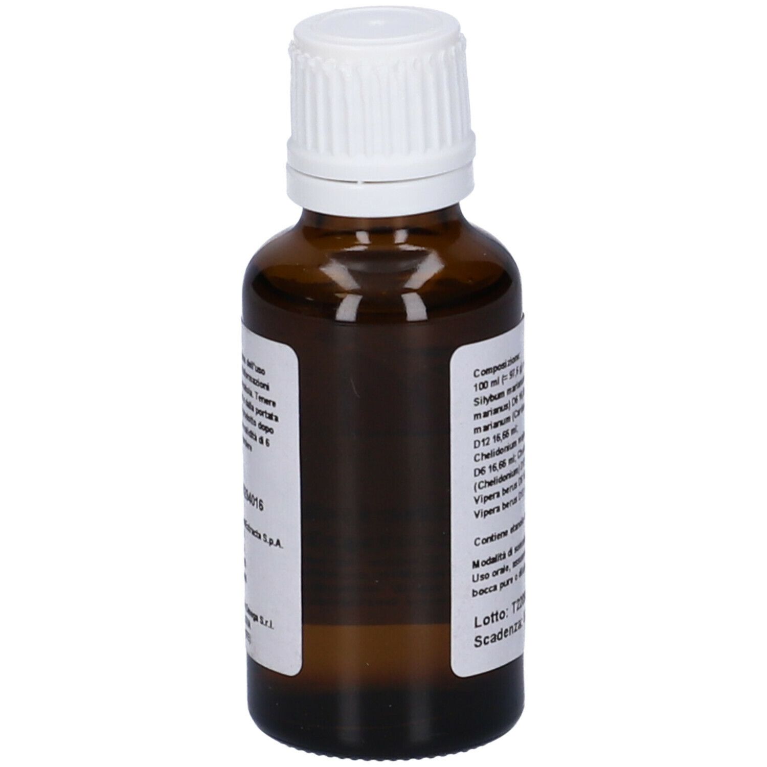 Flacone di vetro marrone con tappo bianco. Etichetta con ingredienti e FM* Chelidonium Complex. 30 ml.