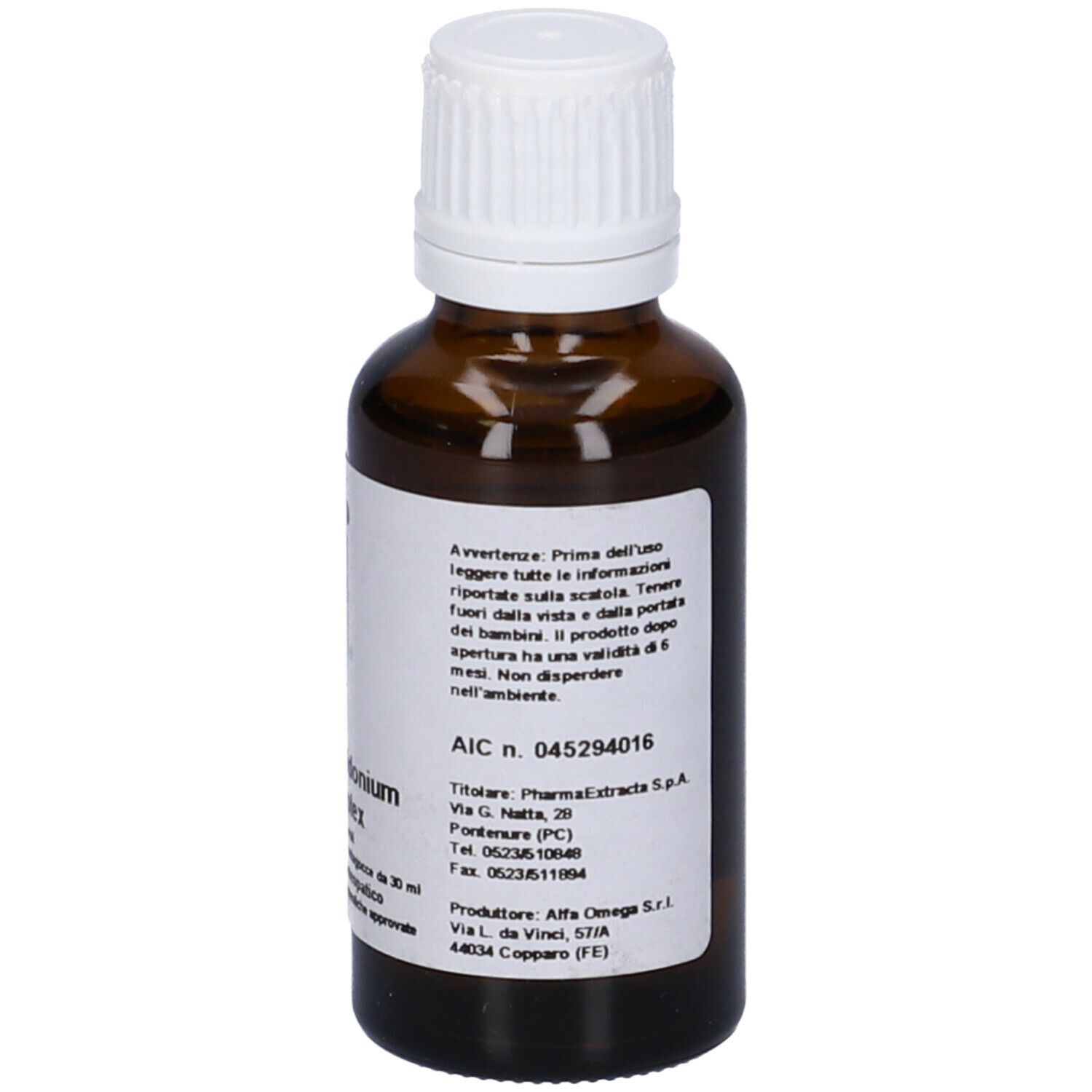 Flacone di vetro marrone con tappo bianco. Etichetta con ingredienti e FM* Chelidonium Complex. 30 ml.