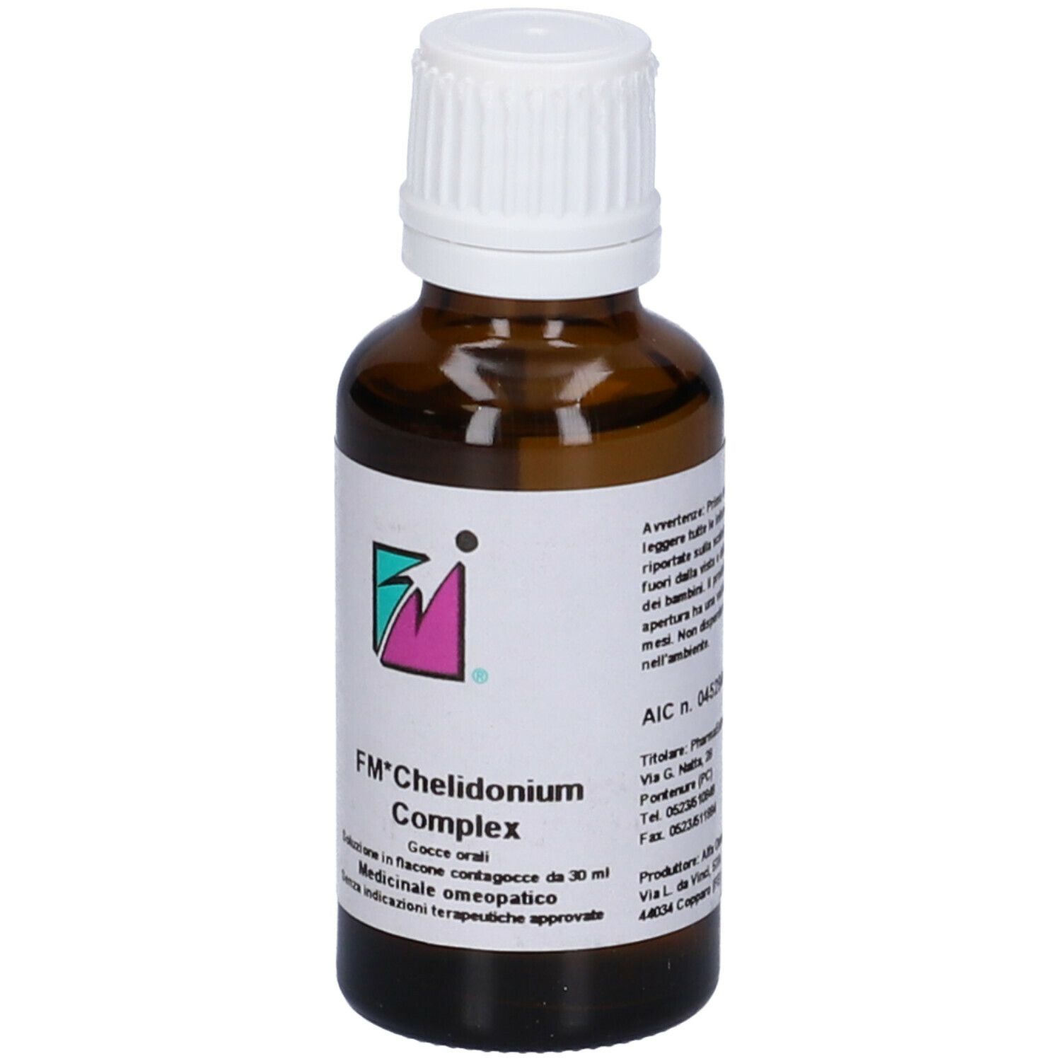 Flacone di vetro marrone con tappo bianco. Etichetta con FM* Chelidonium Complex. 30 ml.