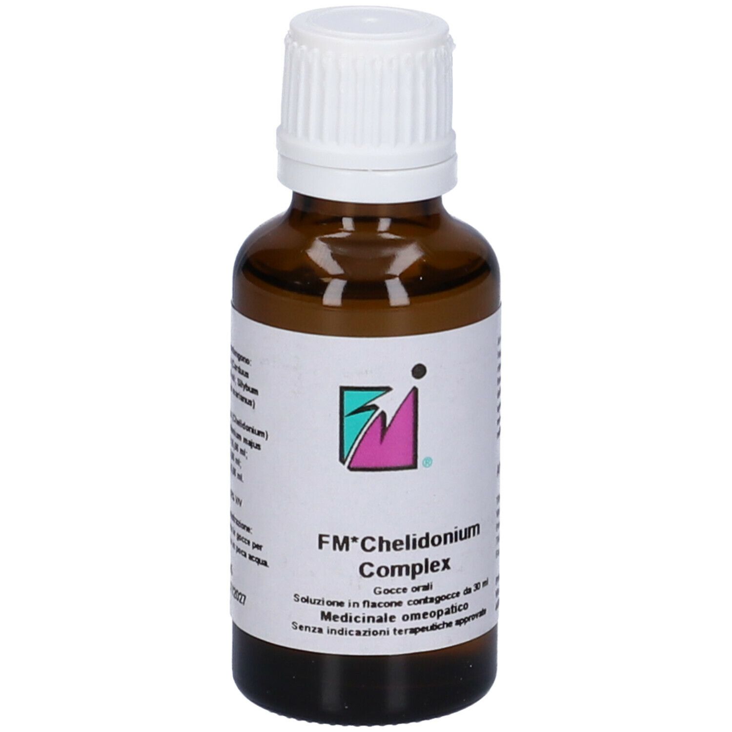 Flacone di vetro marrone con tappo bianco. Etichetta con FM* Chelidonium Complex. 30 ml.