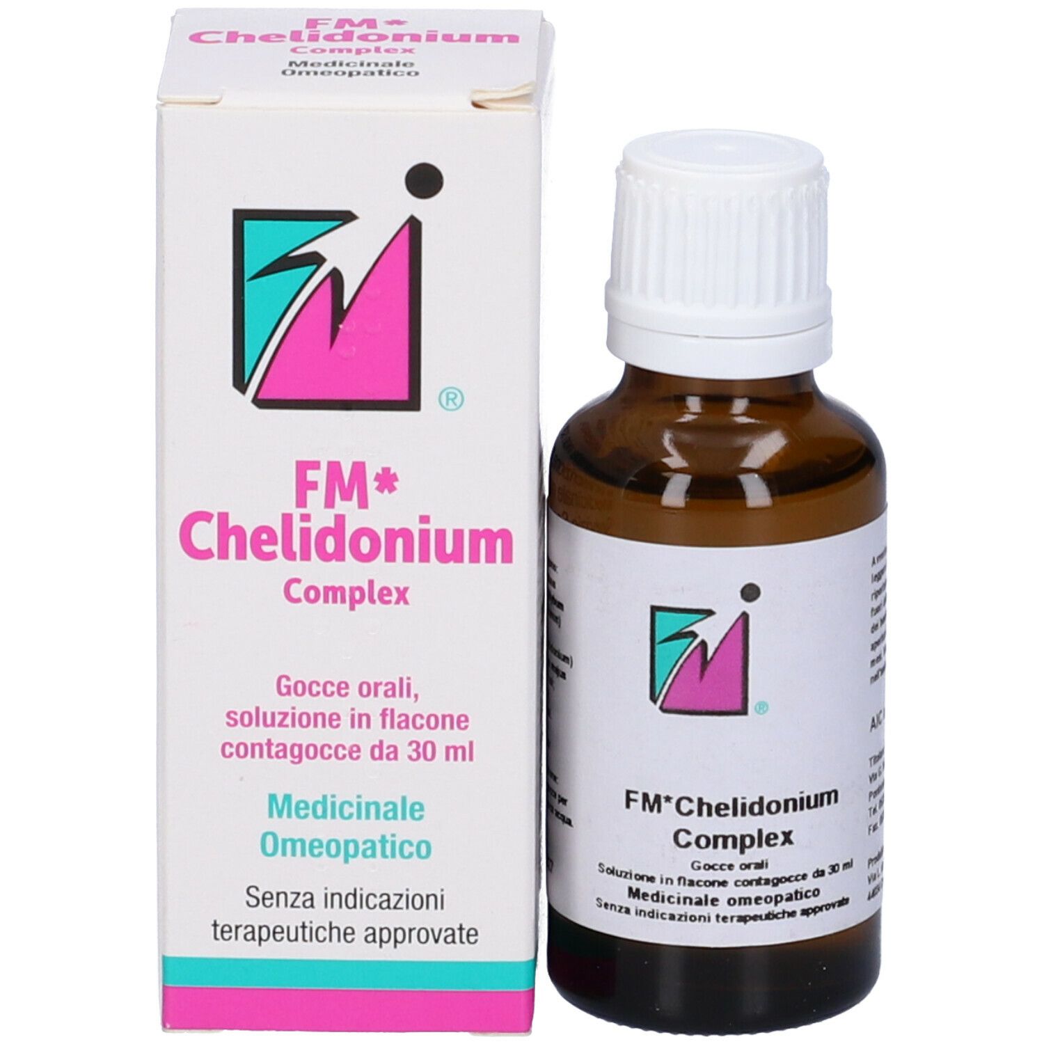 Confezione e flacone. Scatola bianca e flacone in vetro marrone con FM* Chelidonium Complex. 30 ml.