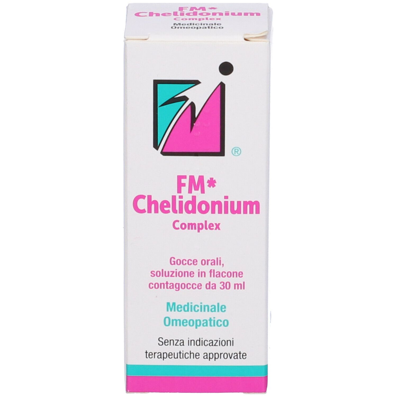 Scatola bianca con FM* Chelidonium Complex. Logo, nome prodotto e testo in italiano. 30 ml.