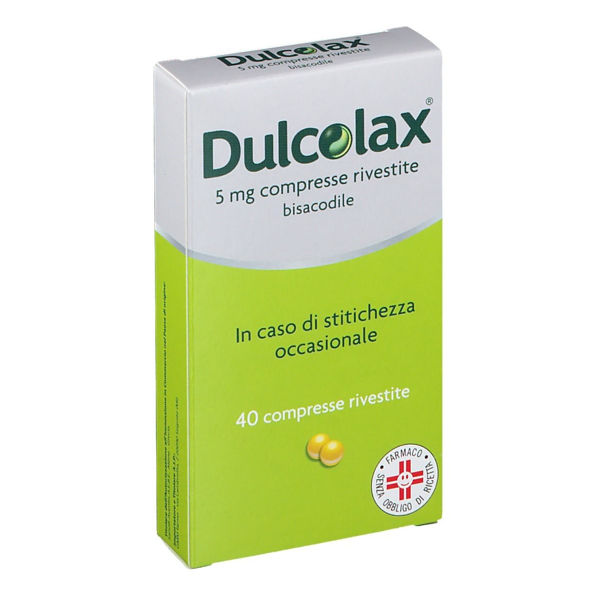Scatola di DULCOLAX 5 mg compresse rivestite. Confezione verde e bianca con nome e dosaggio del prodotto. 40 compresse.