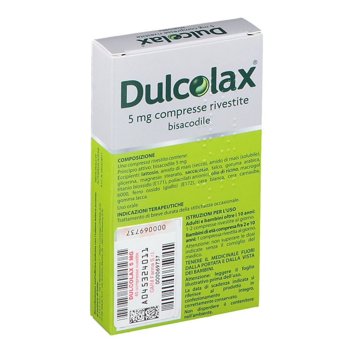 Scatola di DULCOLAX 5 mg compresse rivestite. Confezione con informazioni sul prodotto e codice a barre. Contiene 40 compresse.
