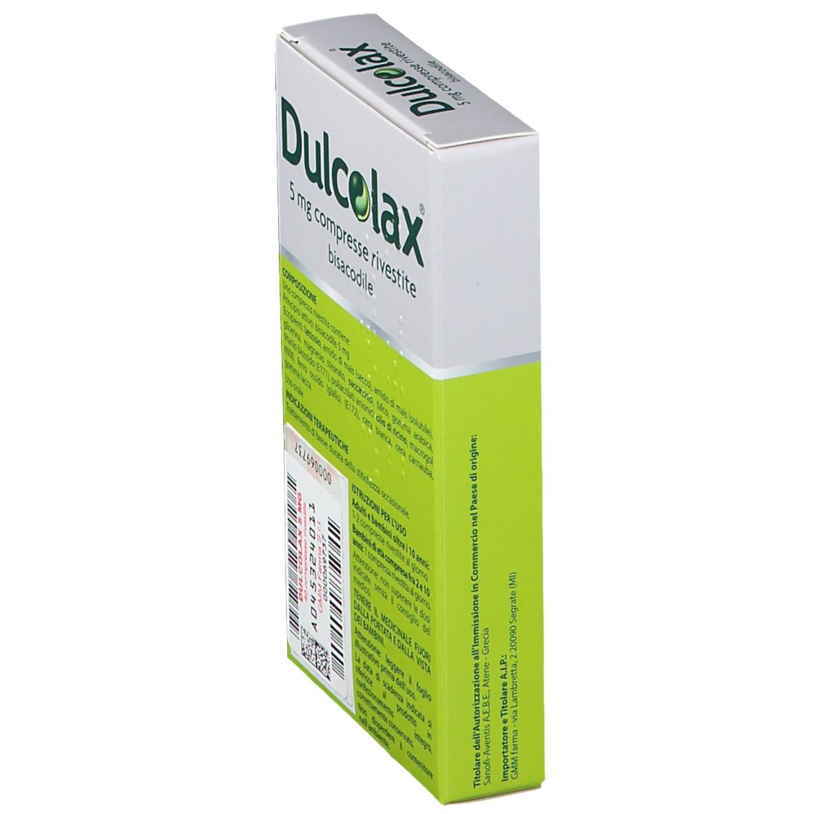 Vista laterale della scatola DULCOLAX 5 mg compresse rivestite. Confezione con informazioni sul prodotto e codice a barre.