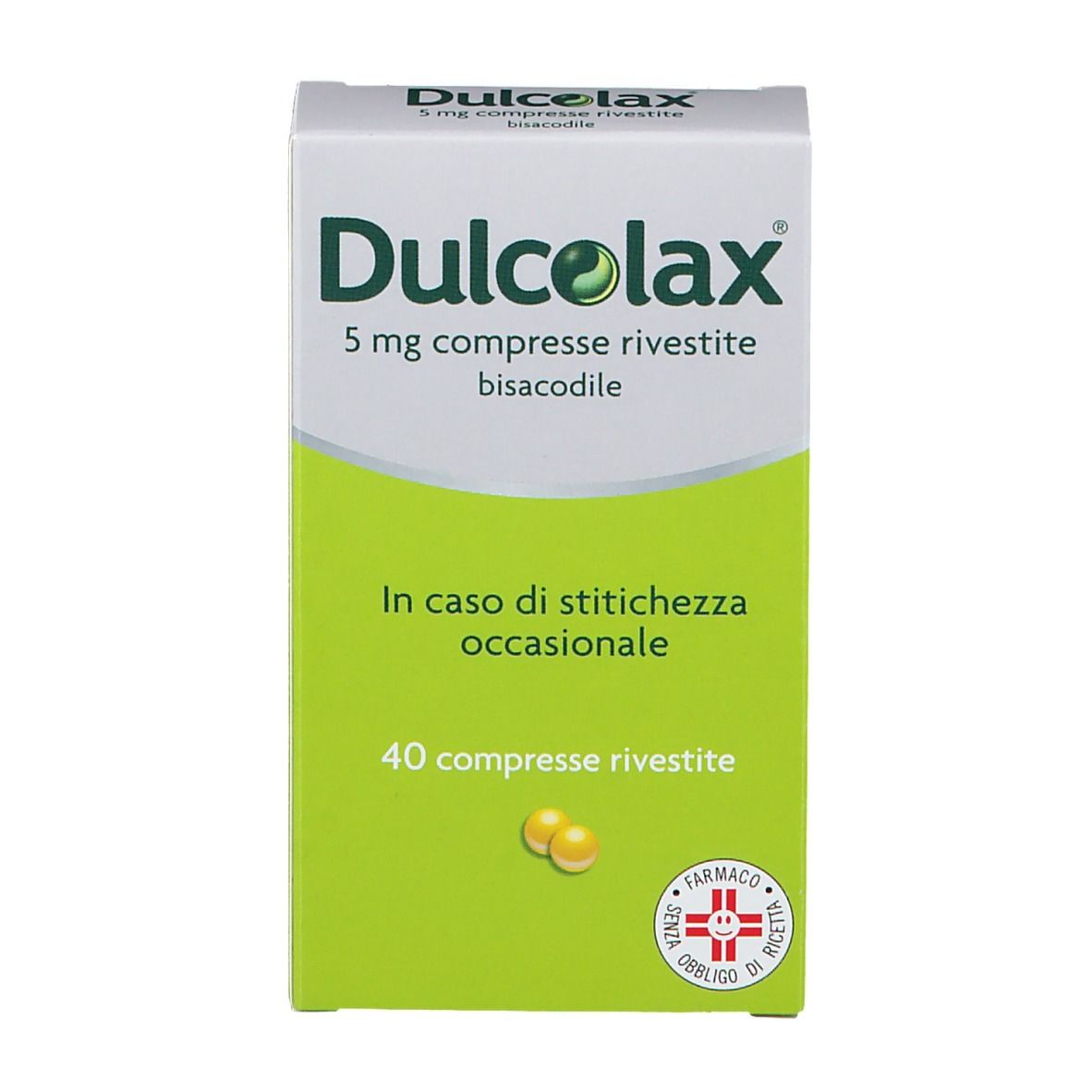 Scatola di DULCOLAX 5 mg compresse rivestite. Confezione verde e bianca con nome e dosaggio del prodotto. 40 compresse.