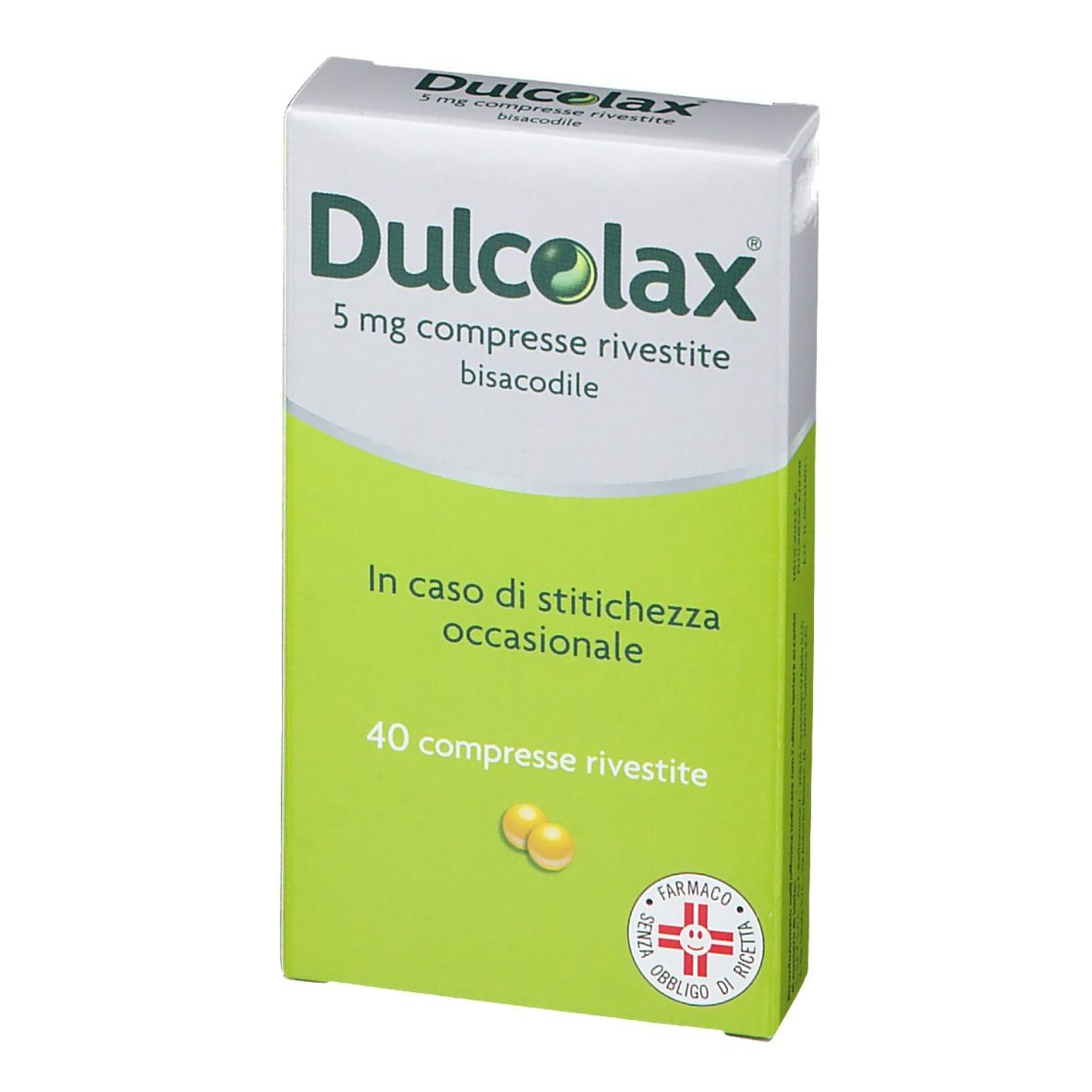 Scatola di DULCOLAX 5 mg compresse rivestite. Confezione verde e bianca con nome e dosaggio del prodotto. 40 compresse.
