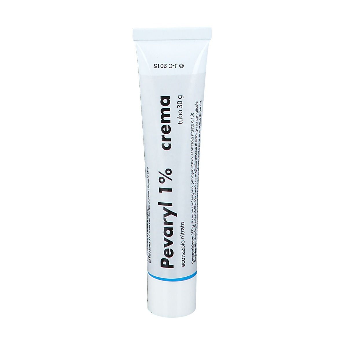Tubo di crema Pevaryl 1% con tappo bianco. Scritta: Pevaryl 1% crema, tubo 30 g. Contiene econazolo nitrato.
