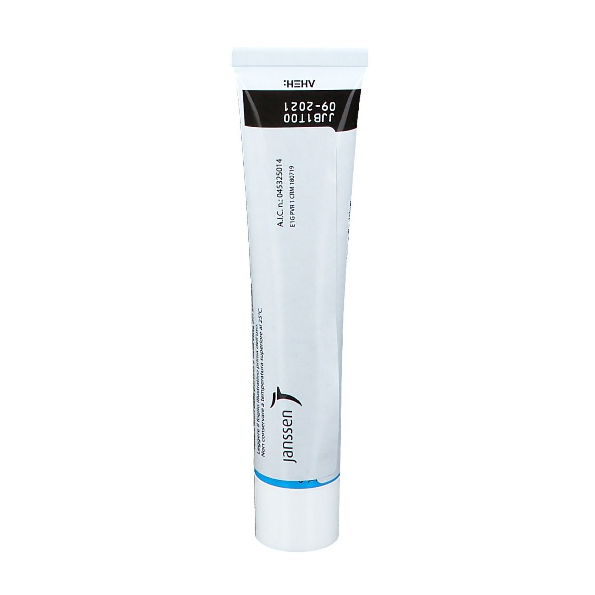 Tubo bianco con tappo nero. Scritta: Janssen, ALC. N. 045325014, JJ1700, 09-2021. Logo Janssen.