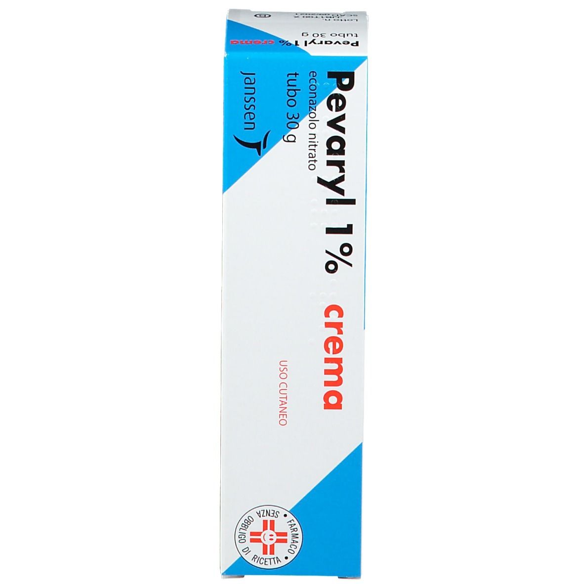 Scatola con scritta Pevaryl 1% crema, tubo 30 g. Logo Janssen. Scritta: Uso cutaneo.