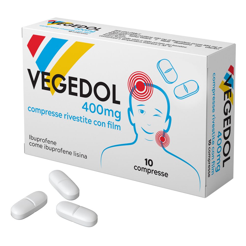 Scatola di compresse Vegedol 400mg. Compresse bianche accanto. Scritte: Vegedol, 400mg, compresse rivestite con film, 10 compresse.