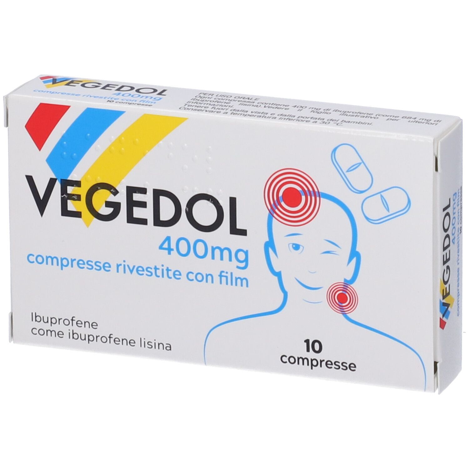 Scatola Vegedol 400mg. Scritte: Vegedol, 400mg, compresse rivestite con film, 10 compresse. Illustrazione di una testa con punti di dolore.