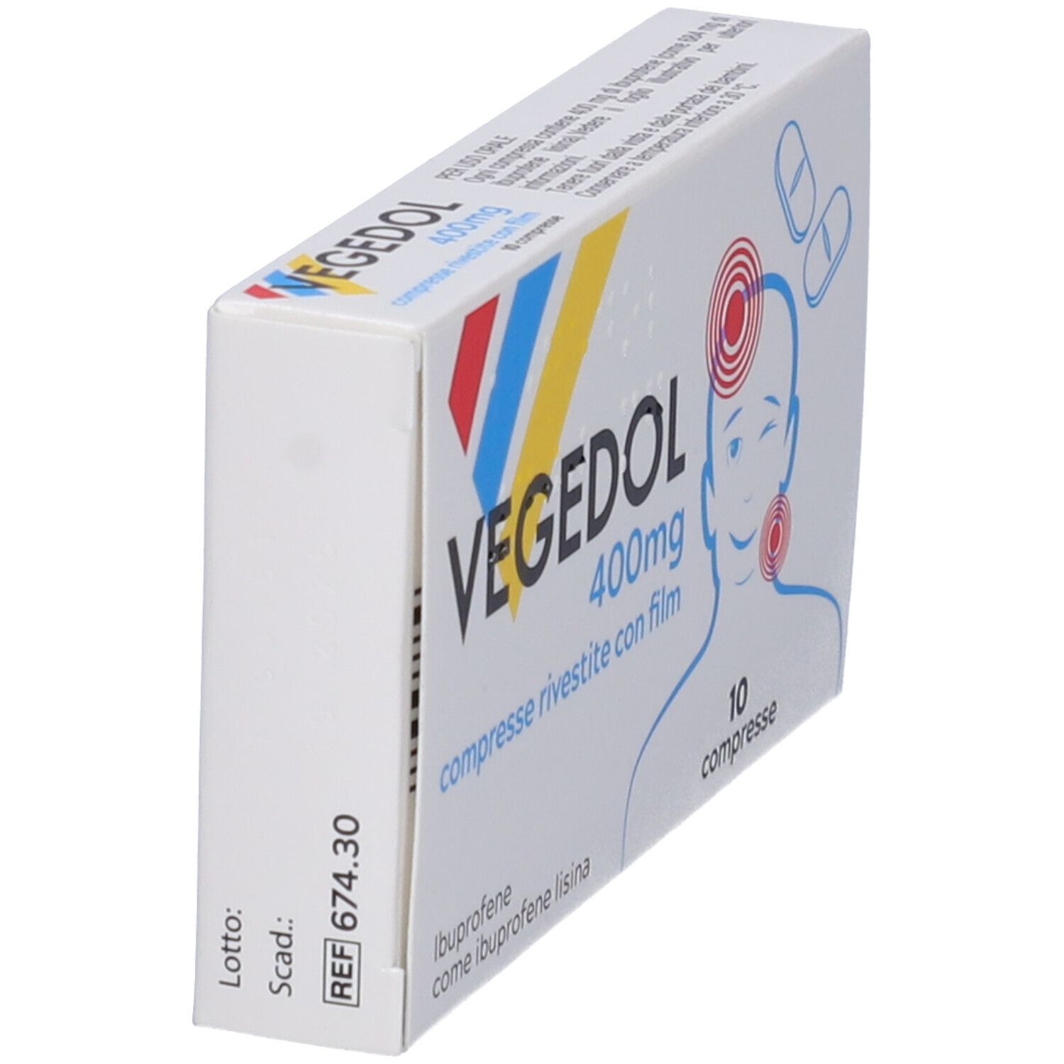 Scatola Vegedol 400mg, angolata. Scritte: Vegedol, 400mg, compresse rivestite con film, 10 compresse. Illustrazione di una testa con punti di dolore.