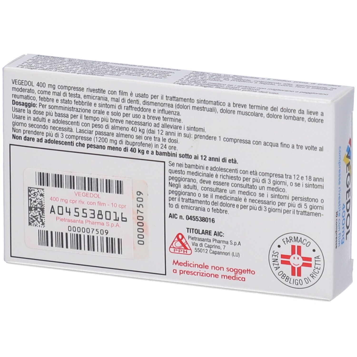 Retro della scatola Vegedol 400mg. Testo e codice a barre. Scritta: Vegedol 400mg compresse rivestite con film. Simbolo farmacia.