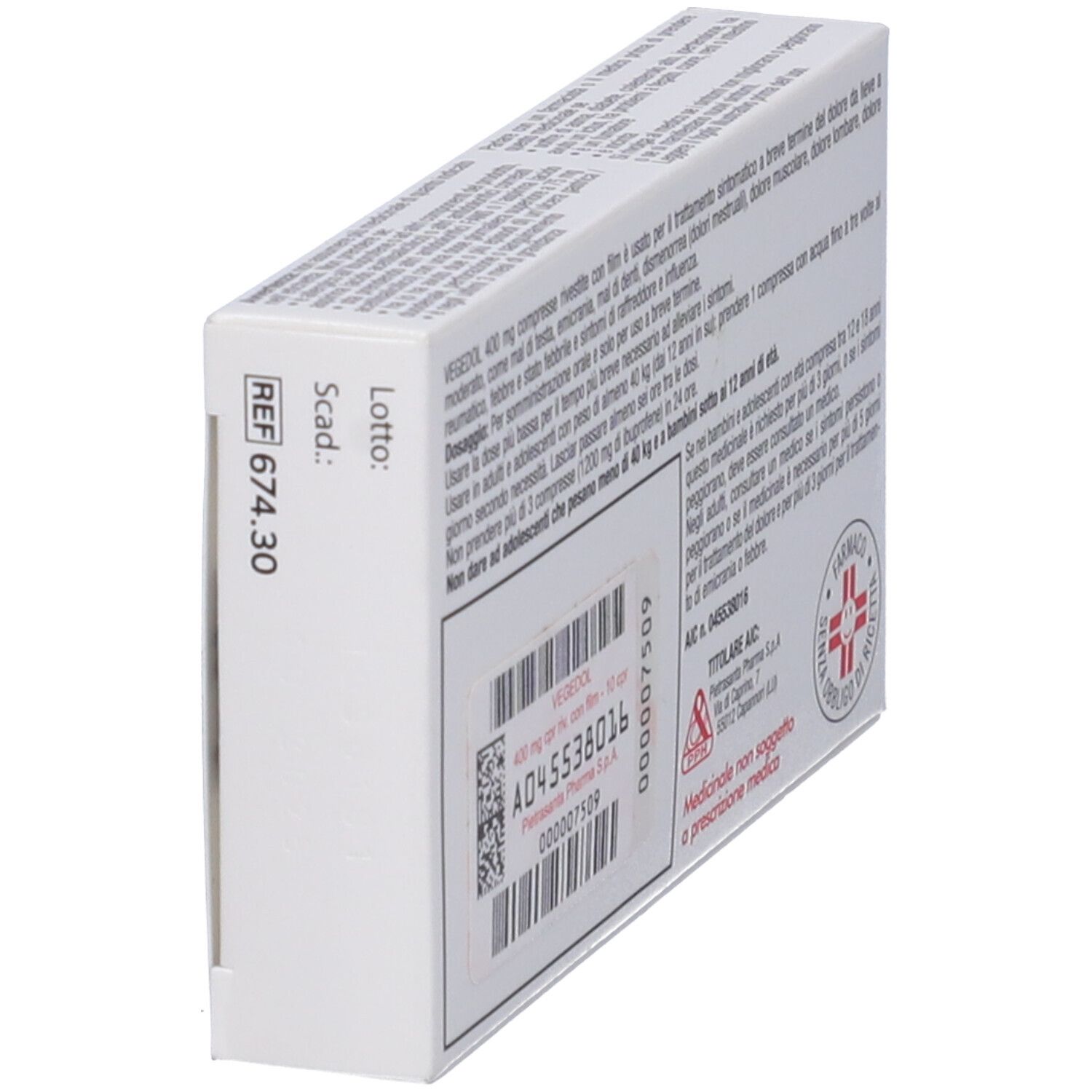 Retro della scatola Vegedol 400mg, angolato. Testo e codice a barre. Scritta: Vegedol 400mg compresse rivestite con film. Simbolo farmacia.