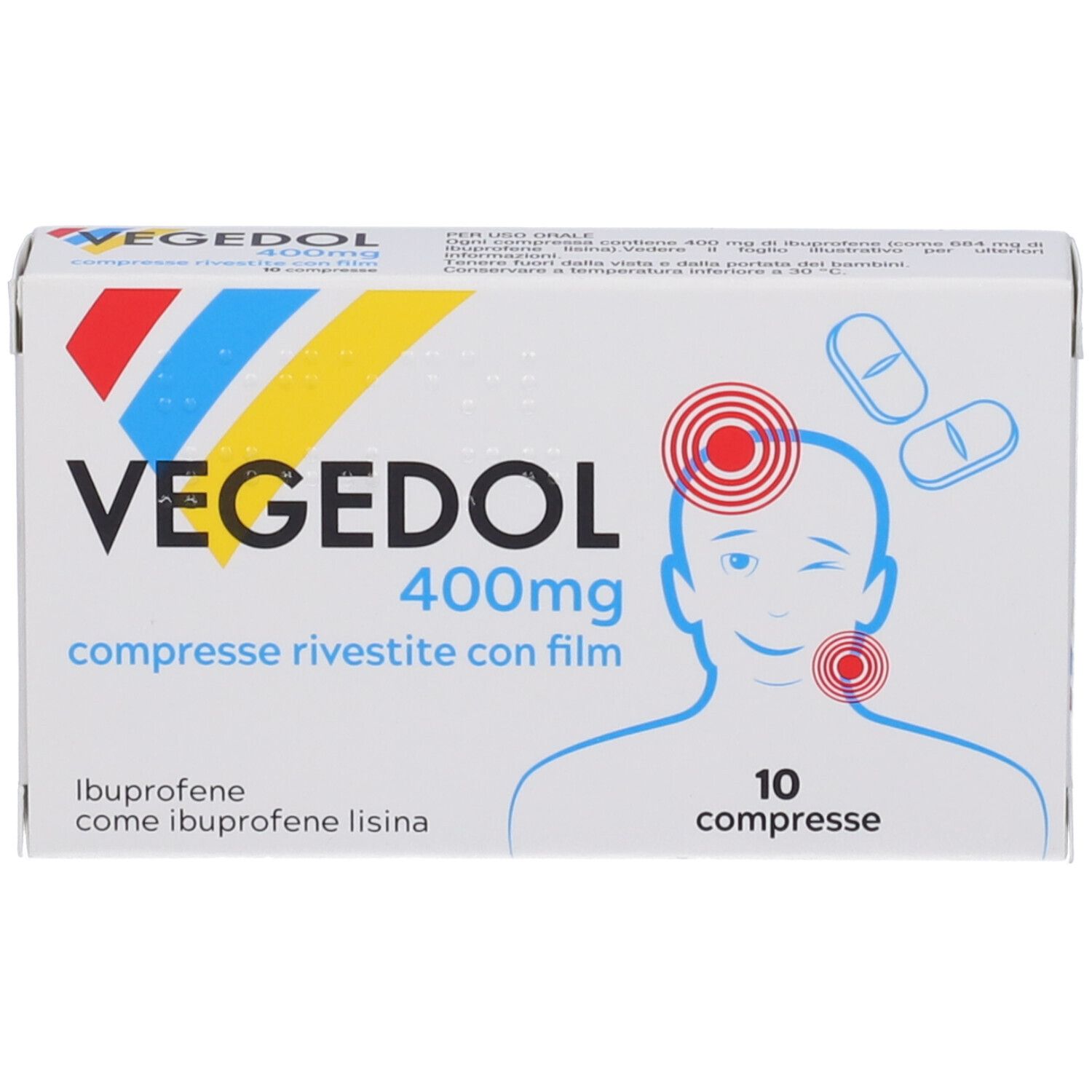 Scatola Vegedol 400mg. Scritte: Vegedol, 400mg, compresse rivestite con film, 10 compresse. Illustrazione di una testa con punti di dolore.