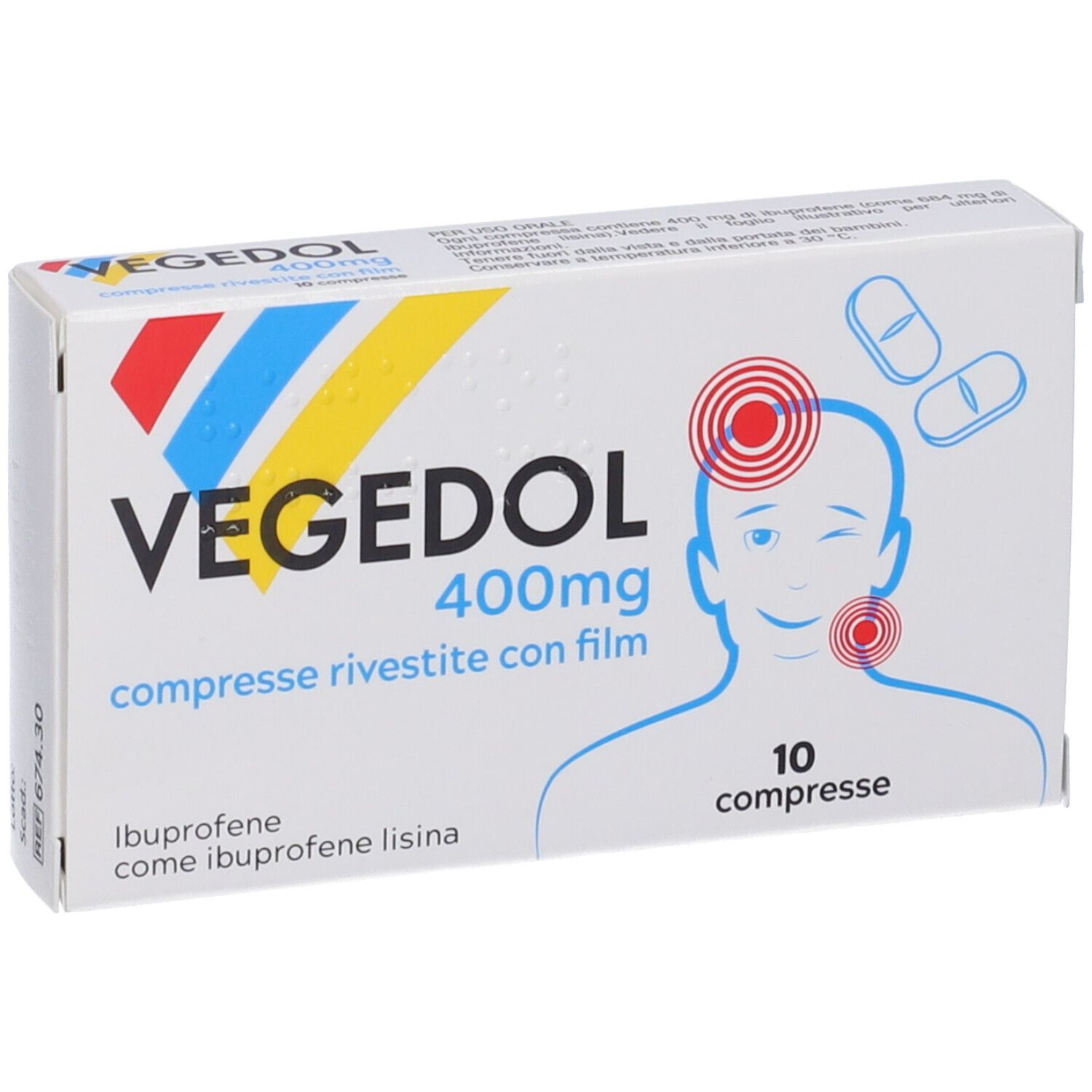 Scatola Vegedol 400mg. Scritte: Vegedol, 400mg, compresse rivestite con film, 10 compresse. Illustrazione di una testa con punti di dolore.