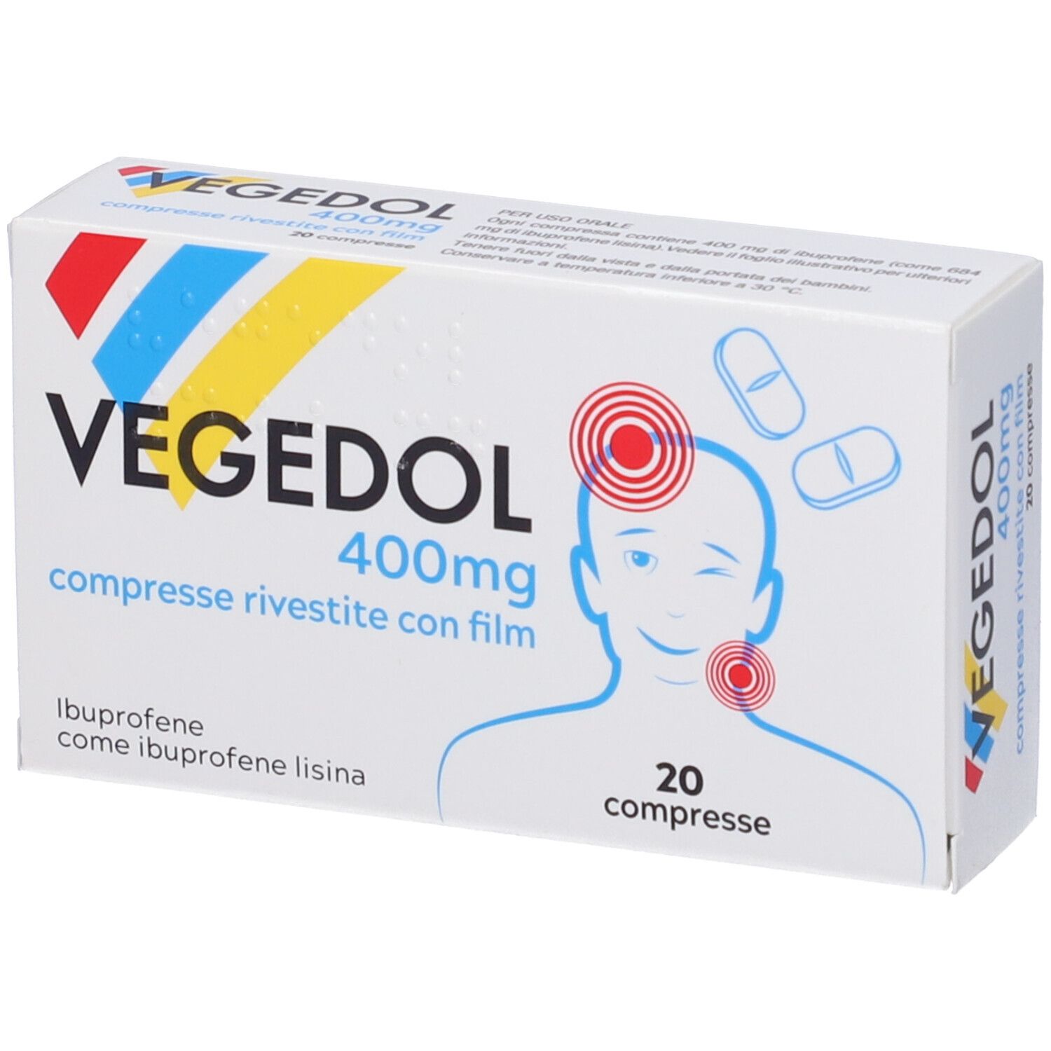 Scatola di compresse VEGEDOL 400mg. Scritto: 20 compresse, ibuprofene. Illustrazione: mal di testa e gola.