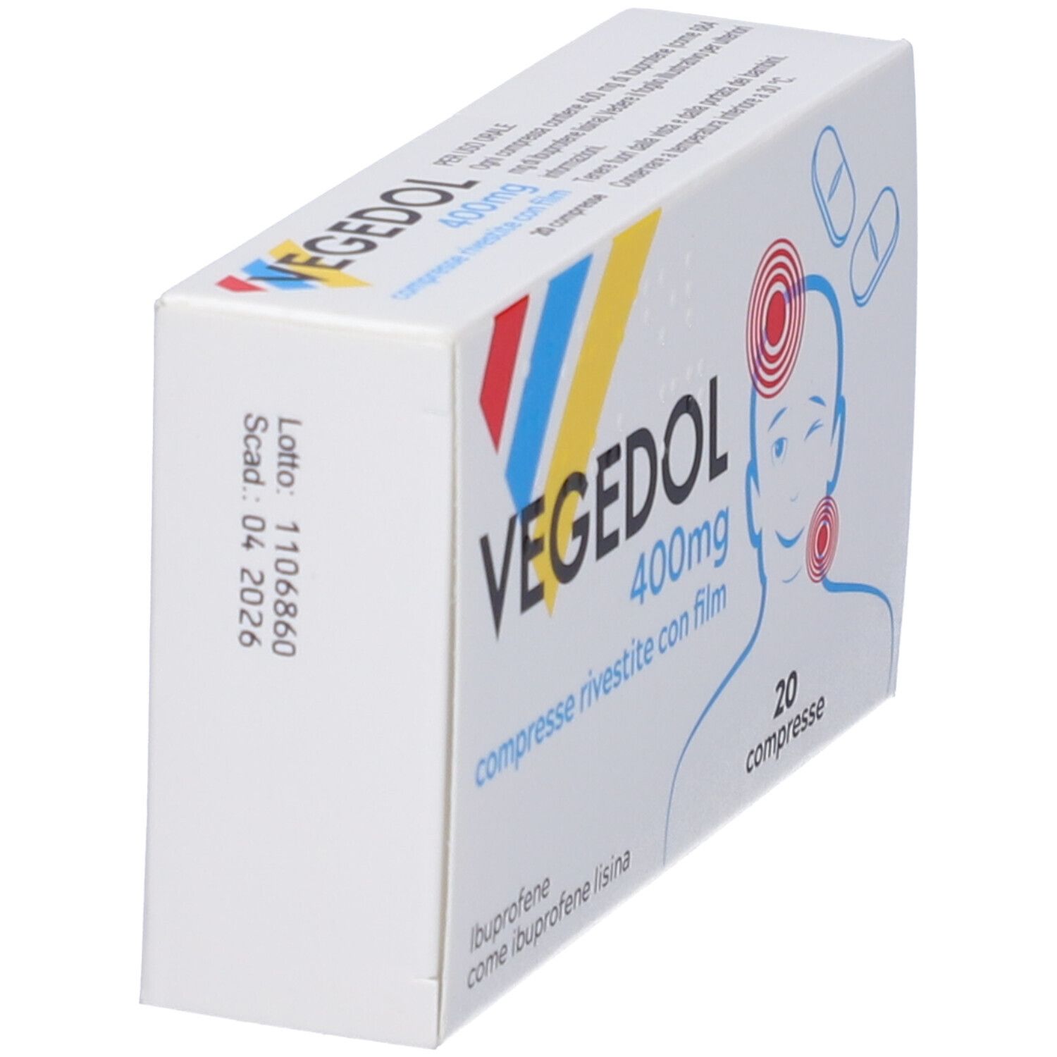 Scatola VEGEDOL 400mg, angolata. Scritto: 20 compresse, ibuprofene. Illustrazione: mal di testa e gola. Scadenza.