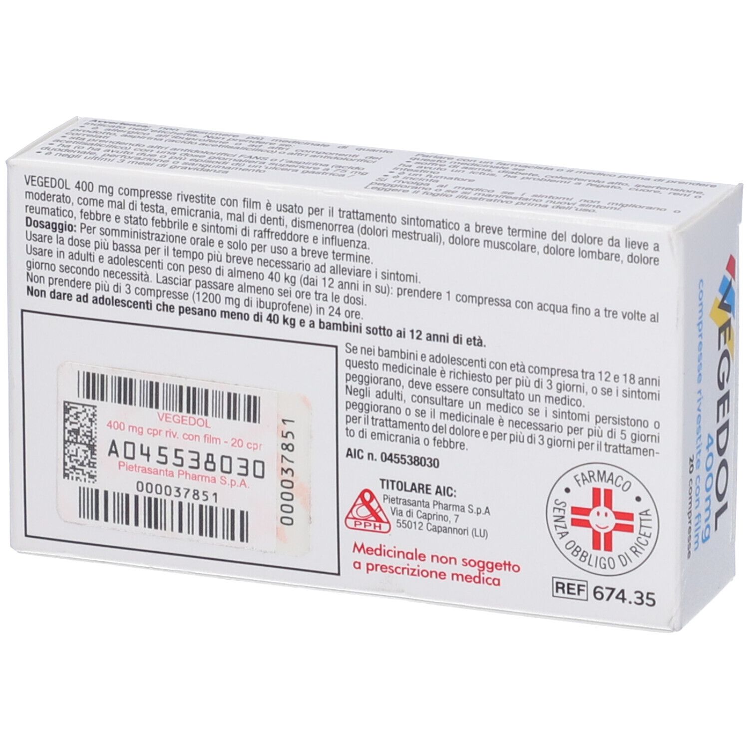 Retro della scatola VEGEDOL 400mg. Testo: istruzioni per l'uso, ingredienti. Scritto: A4045538030, 20 compresse.