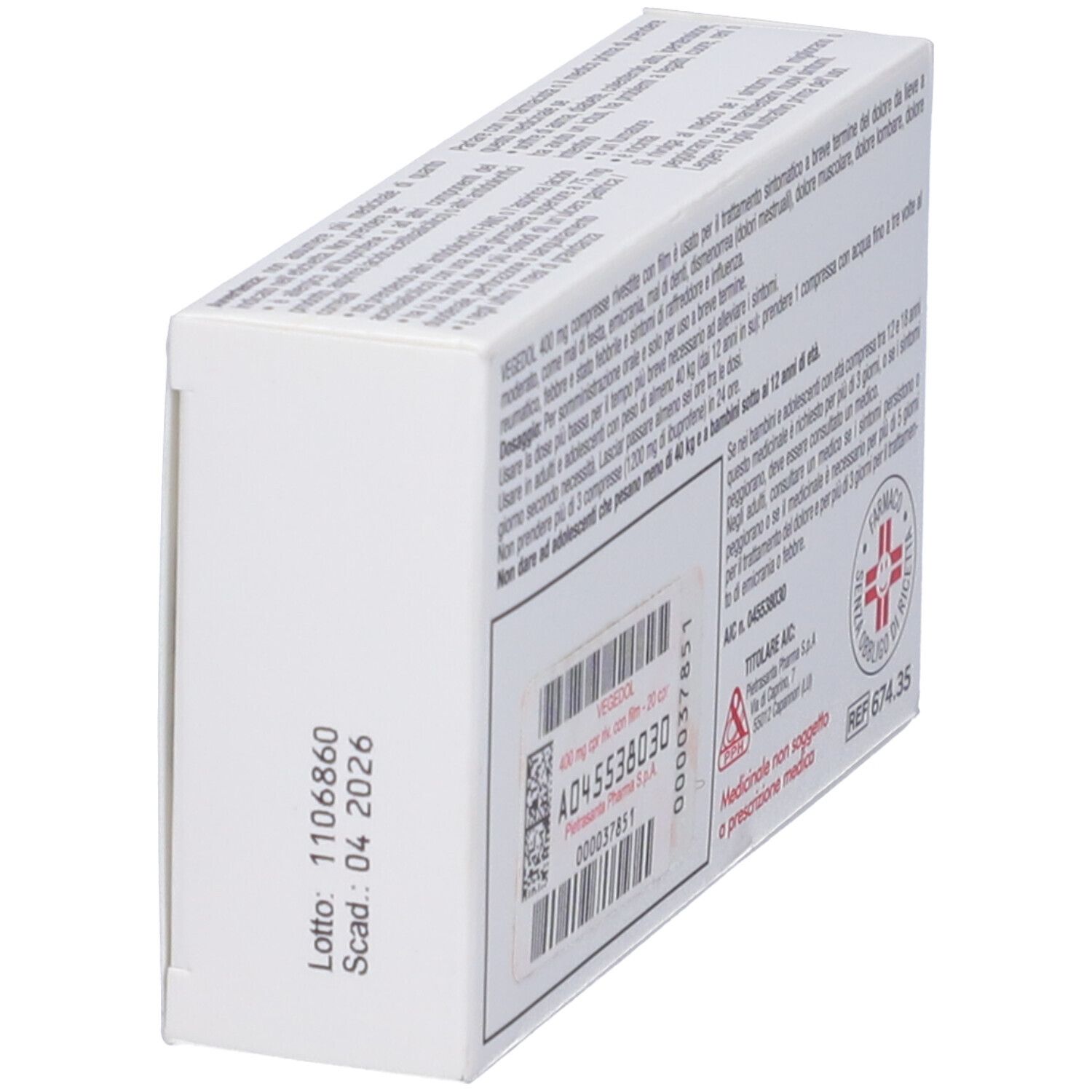Vista angolata del retro della scatola VEGEDOL 400mg. Testo: istruzioni per l'uso, ingredienti. Scritto: A4045538030.