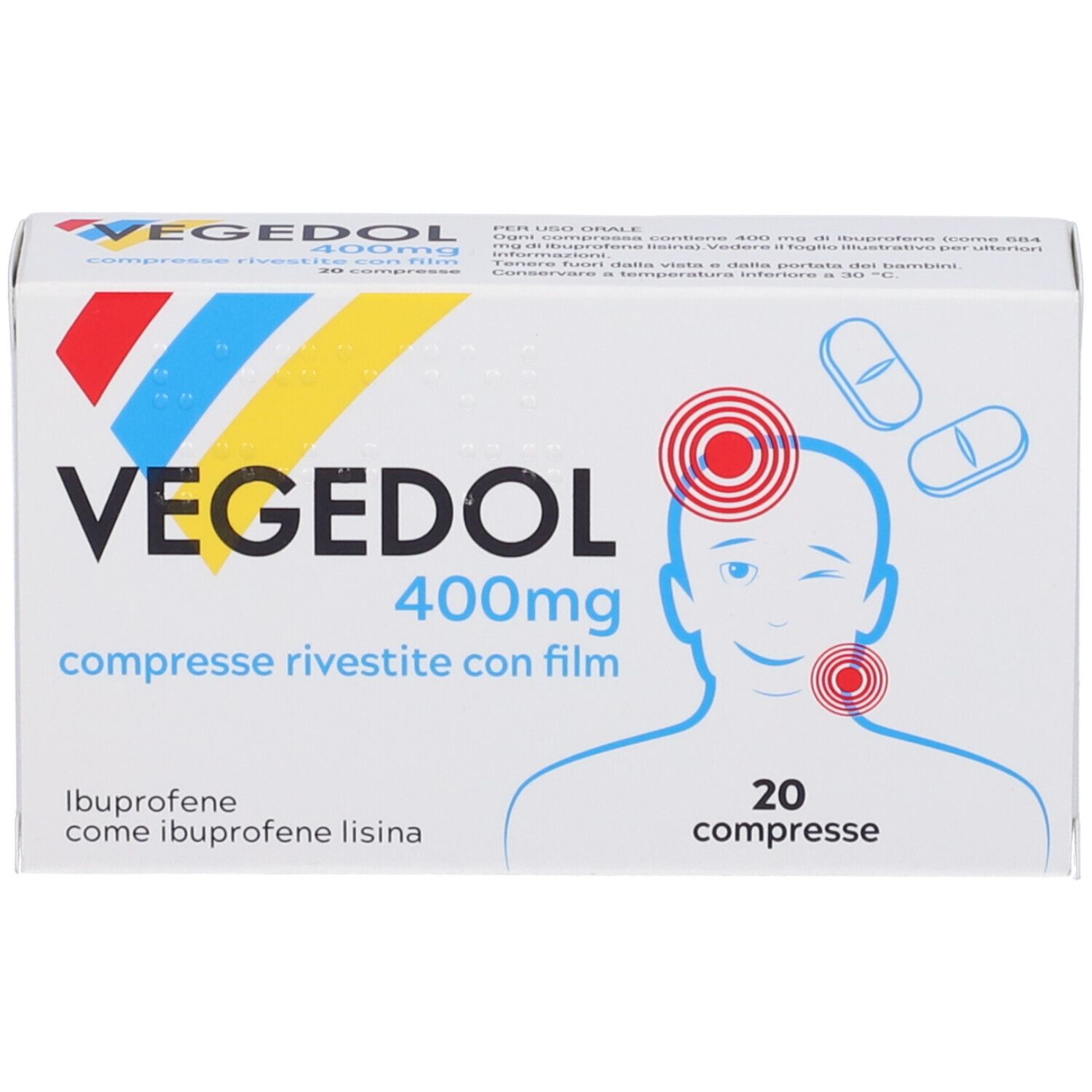 Scatola VEGEDOL 400mg. Scritto: 20 compresse, ibuprofene. Illustrazione: mal di testa e gola. Bianco, rosso, blu, giallo.
