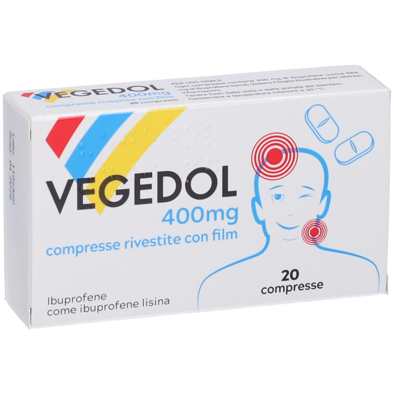 Scatola VEGEDOL 400mg. Scritto: 20 compresse, ibuprofene. Illustrazione: mal di testa e gola. Bianco, rosso, blu, giallo.