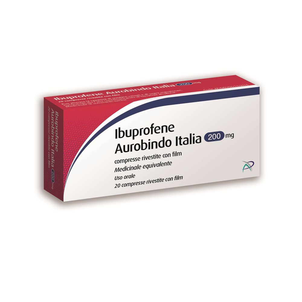 Scatola di Ibuprofene Aurobindo Italia 200 mg. Confezione rossa e bianca con nome del prodotto e dosaggio.