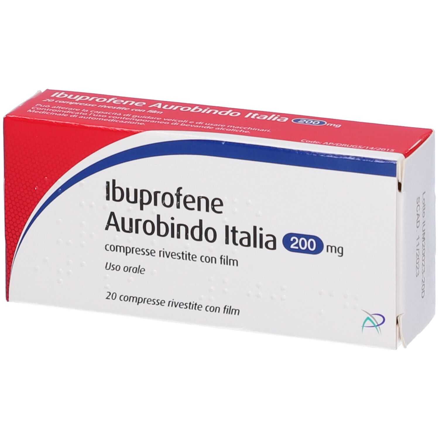 Confezione di Ibuprofene Aurobindo Italia 200 mg. Scatola rossa e bianca con informazioni sul prodotto.