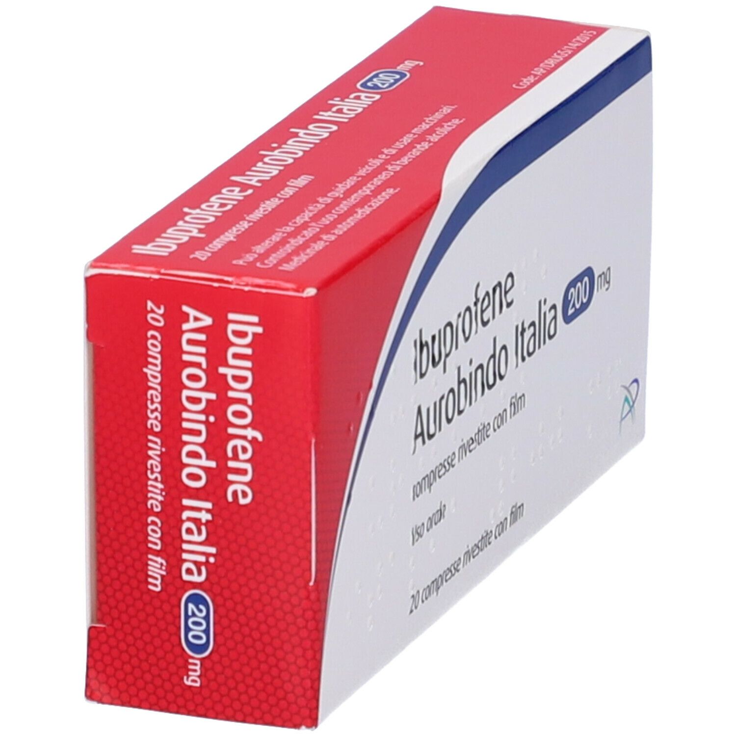 Scatola di Ibuprofene Aurobindo Italia 200 mg. Confezione rossa e bianca, nome e dosaggio visibili.