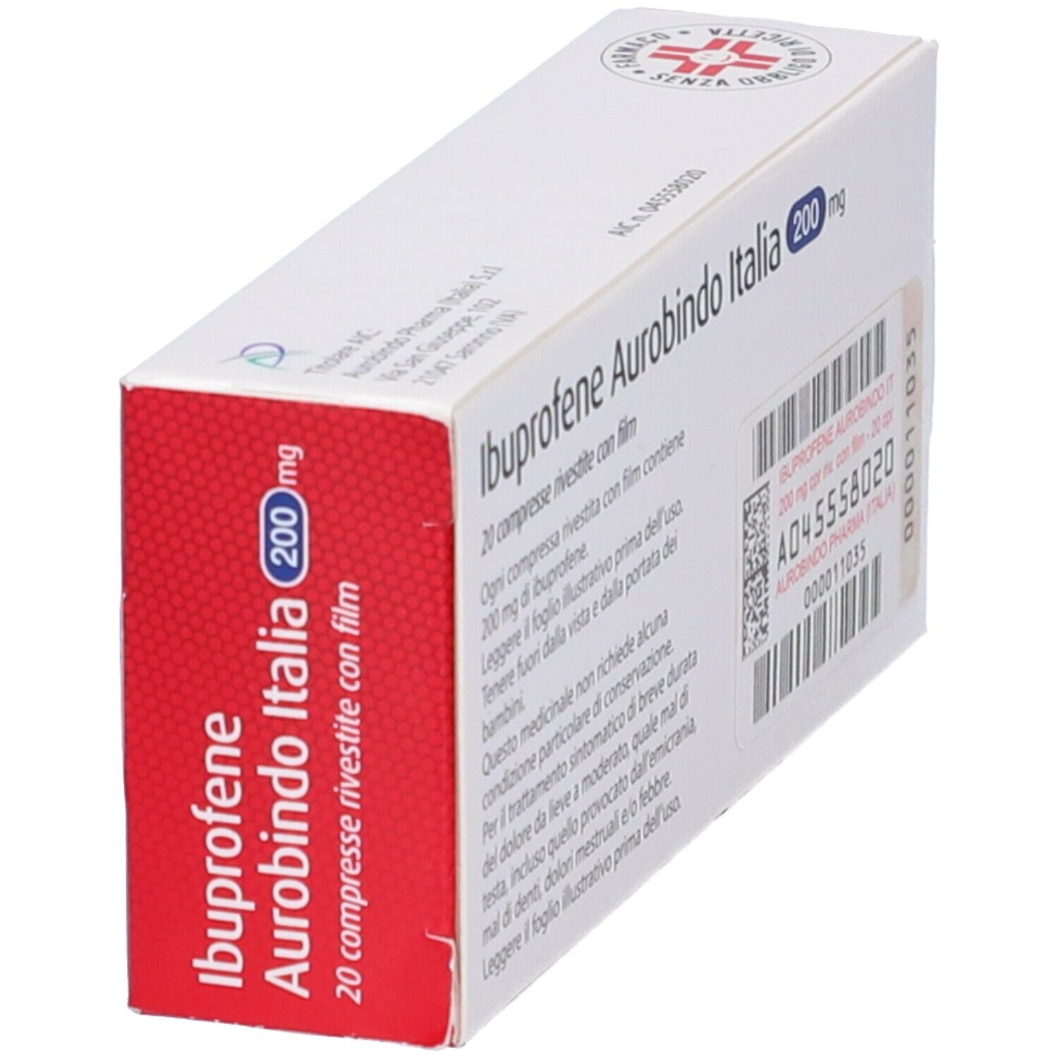 Confezione di Ibuprofene Aurobindo Italia 200 mg. Scatola bianca con angolo rosso, informazioni e codice a barre.