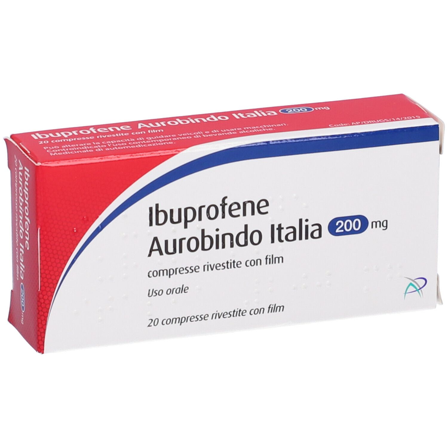 Scatola di Ibuprofene Aurobindo Italia 200 mg. Confezione rossa e bianca con nome e dosaggio.