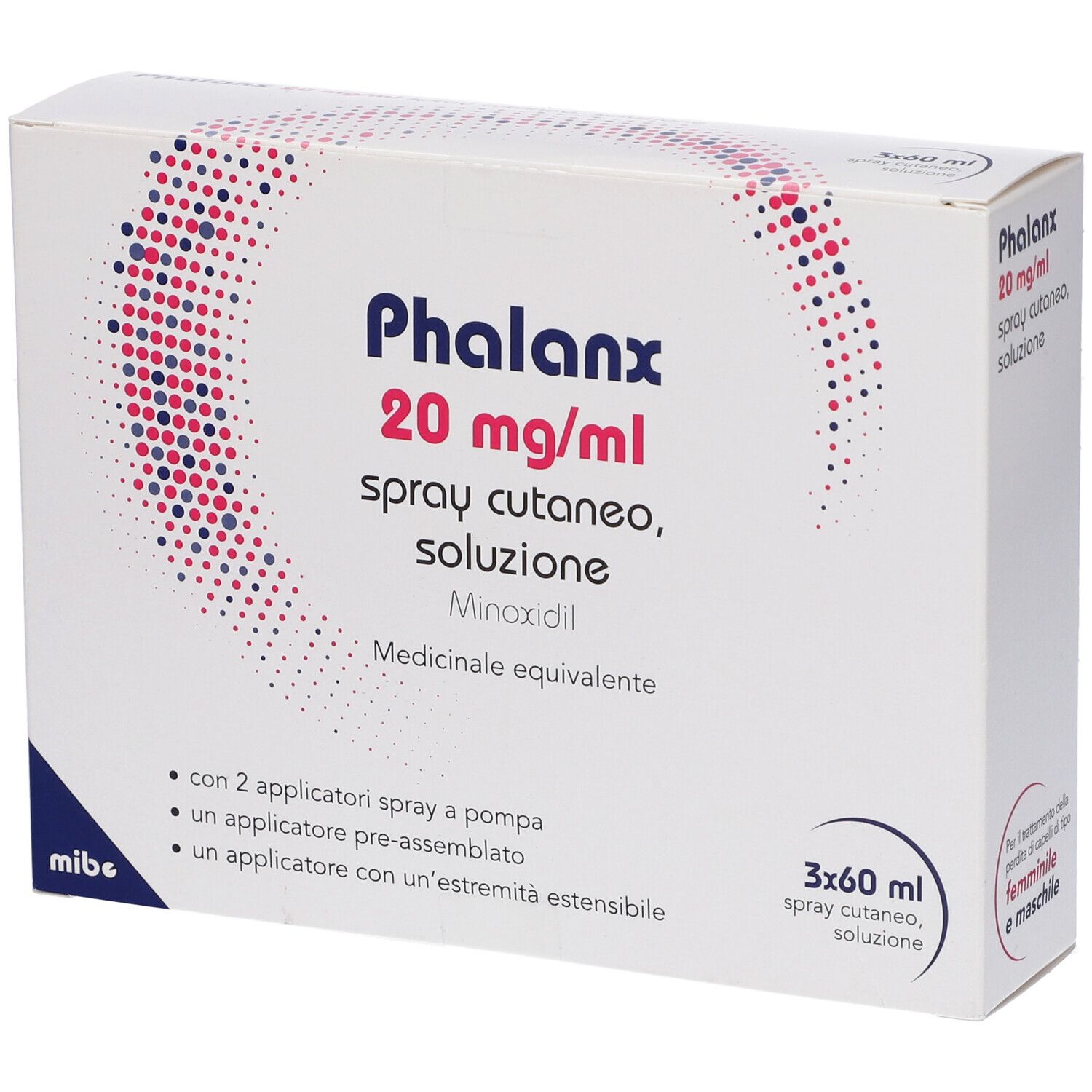 Confezione di Phalanx 20 mg/ml spray cutaneo, soluzione. Contiene 3 flaconi da 60 ml. Con applicatori. Prodotto medico.
