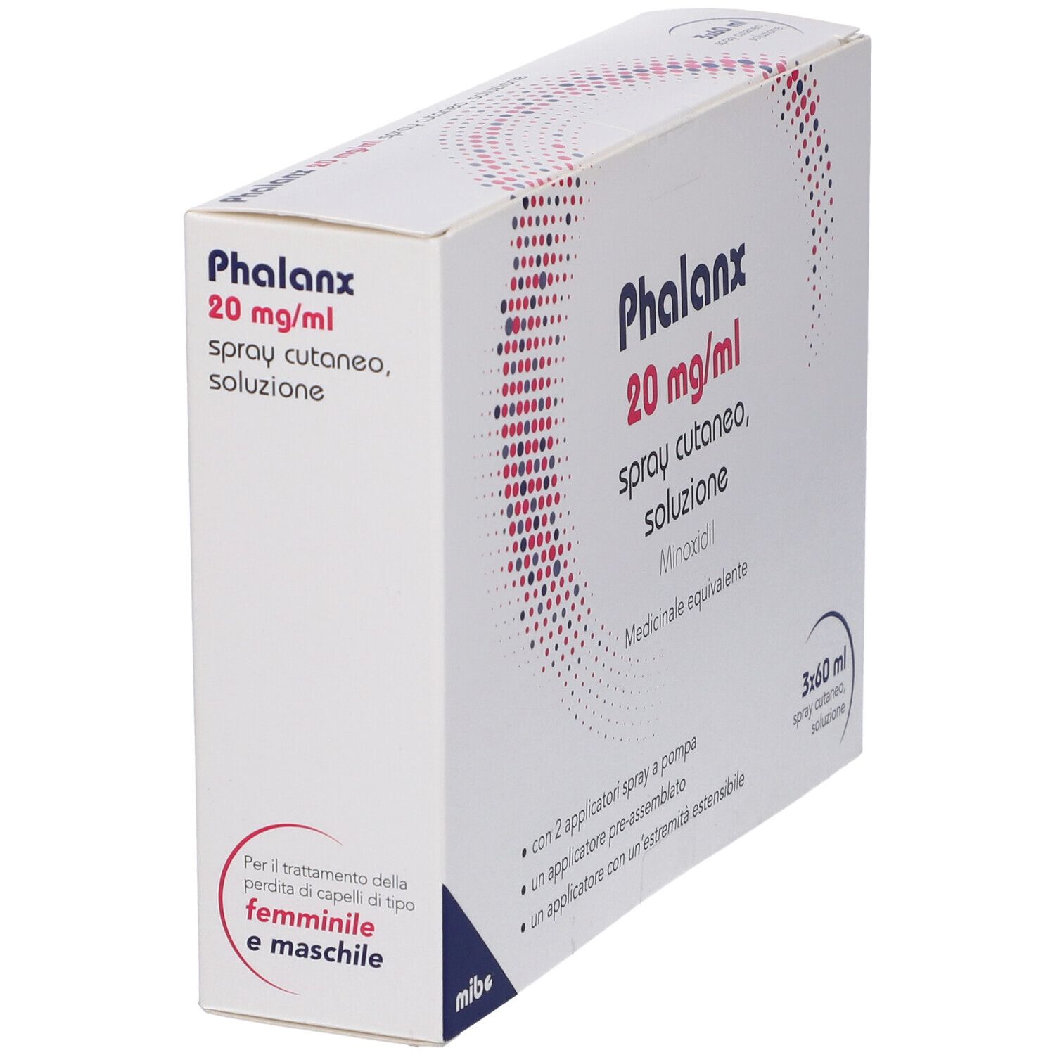 Confezione di Phalanx 20 mg/ml spray cutaneo, soluzione. Contiene 3 flaconi. Testo: 'Per il trattamento della perdita di capelli'.