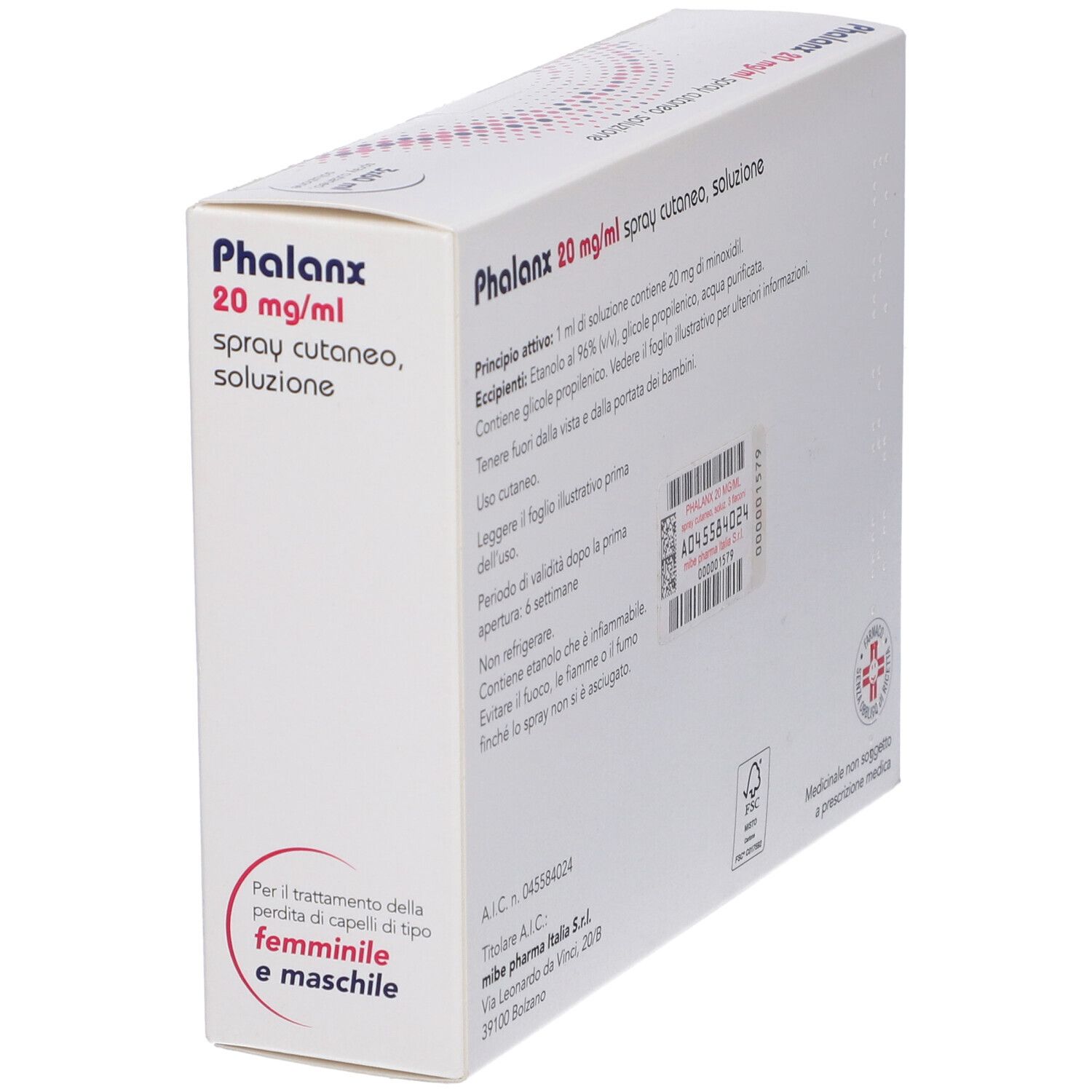 Retro della confezione di Phalanx 20 mg/ml spray cutaneo, soluzione. Contiene informazioni e ingredienti. Testo: 'Per il trattamento della perdita di capelli'.